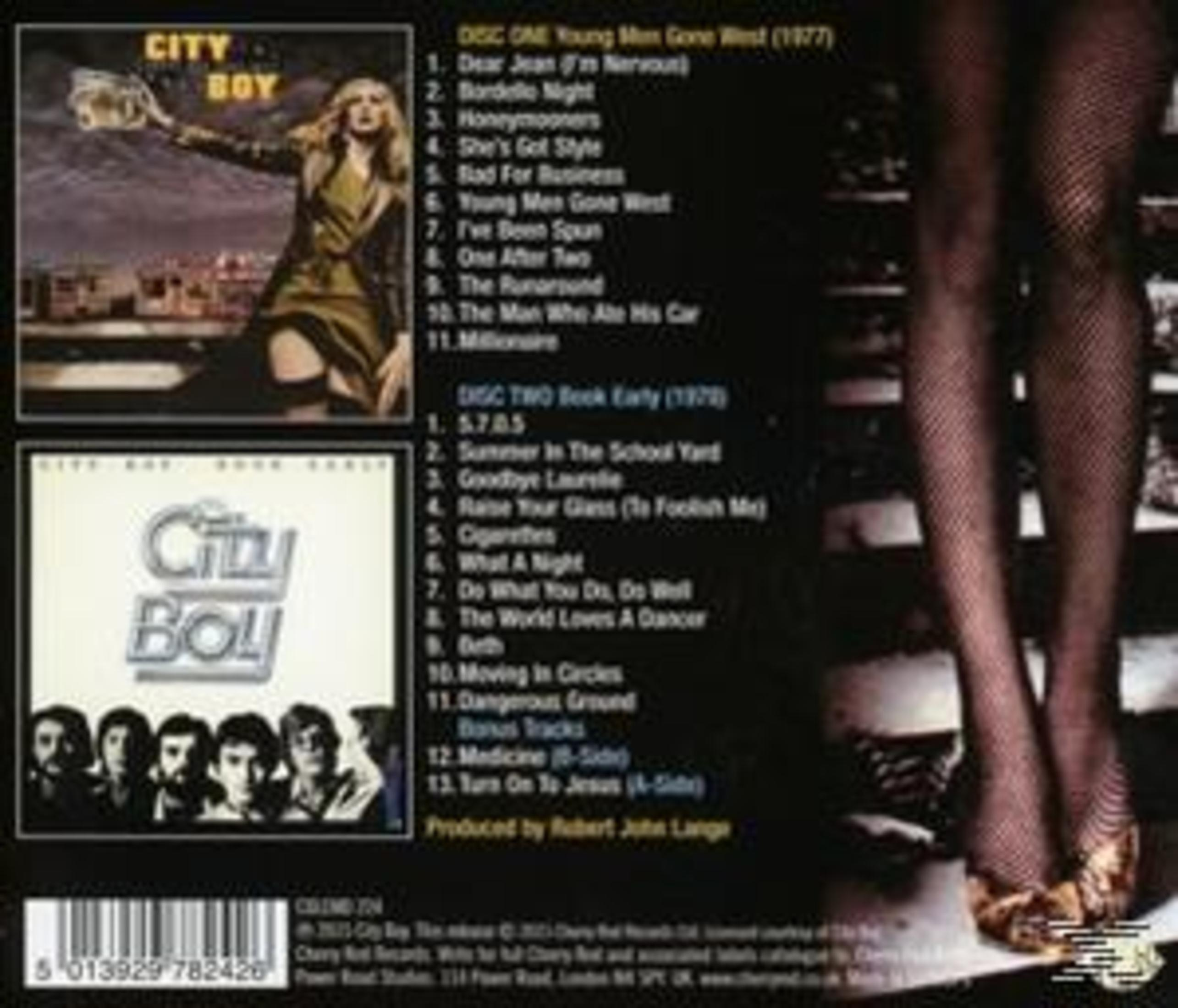 Albumcover mit City Boy-Logo und Albumcover. Eine Frau in einem Kleid und Netzstrümpfen ist zu sehen, zusammen mit Titellisten.
