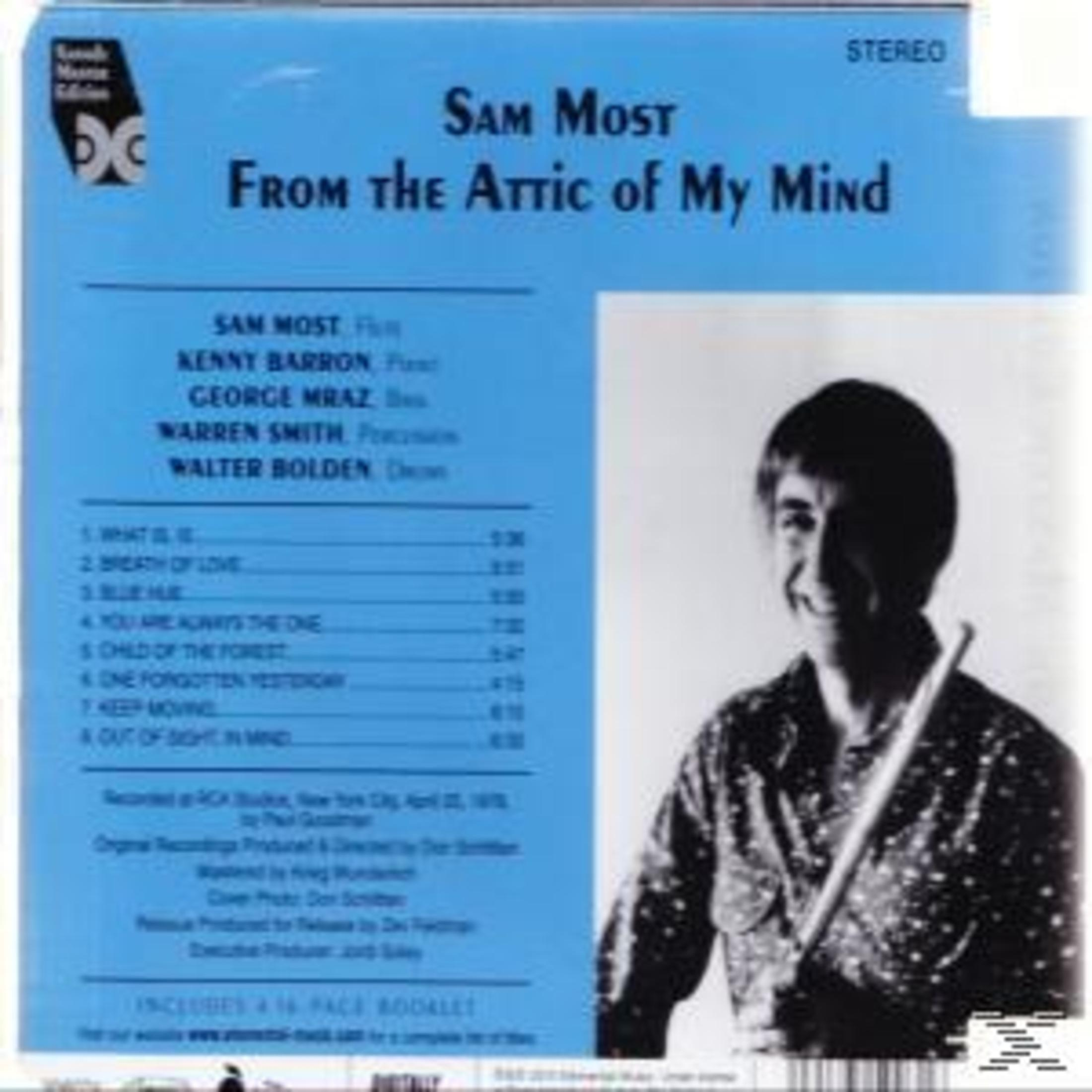 Albumcover von Sam Most, 'From the Attic of My Mind'. Es zeigt ein Foto eines Mannes und listet die Albumtracks auf.