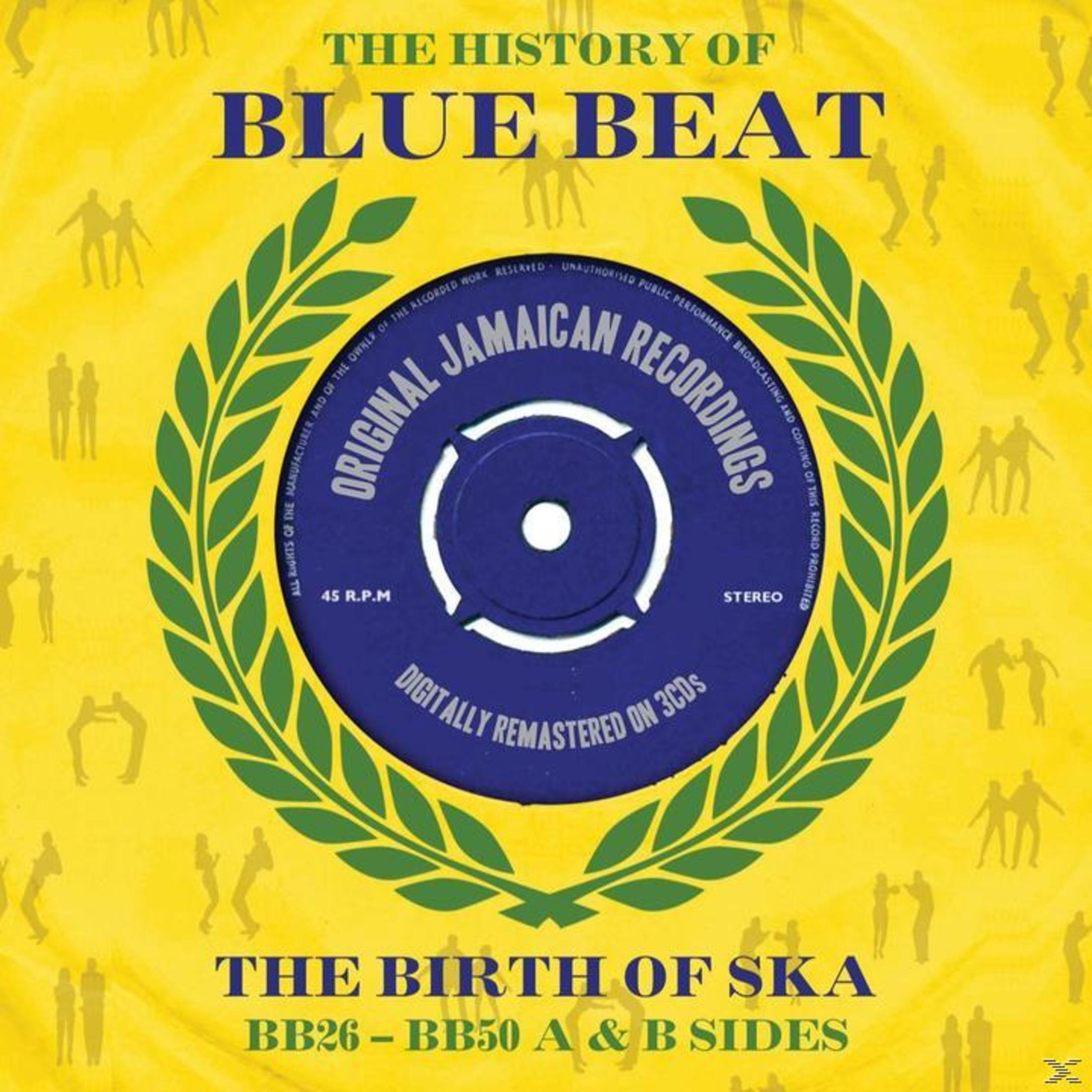 Albumcover: Gelber Hintergrund, blauer Text 'BLUE BEAT'. Mitte: Jamaican Recordings Logo, umgeben von grünem Lorbeer.