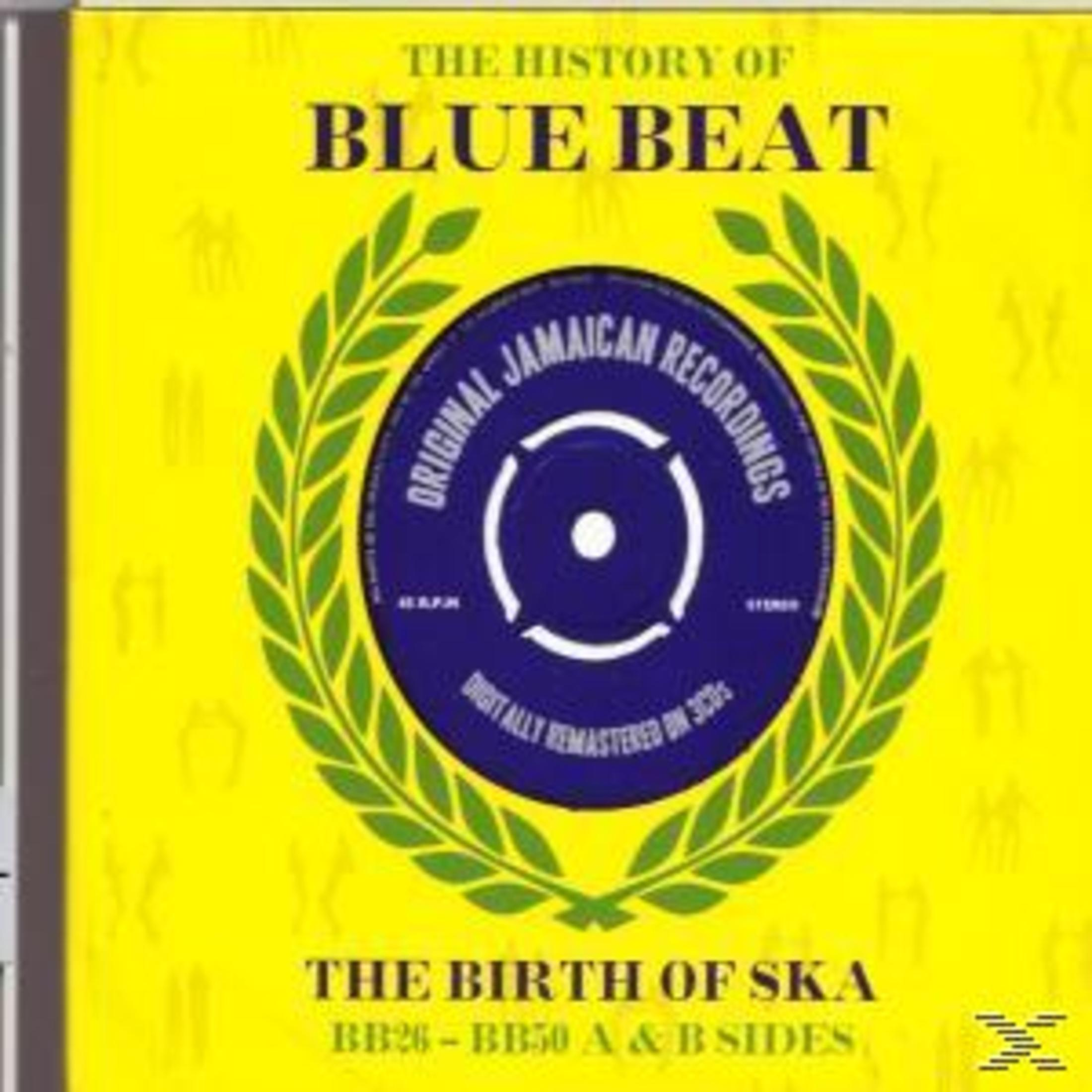 Albumcover für "The History of Blue Beat". Zeigt eine blaue Schallplatte auf gelbem Hintergrund, mit Text und einem grünen Kranz.