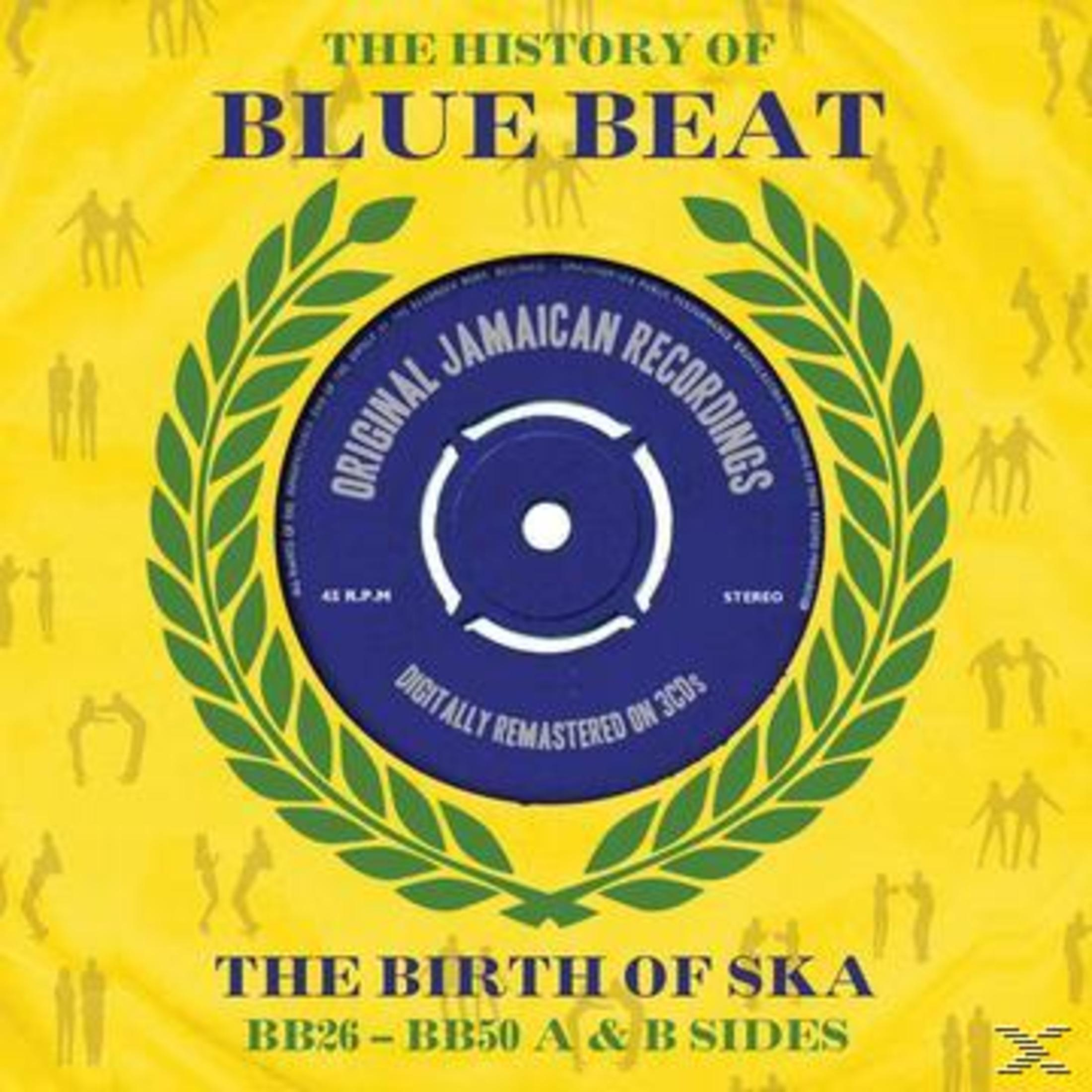 Albumcover: The History of Blue Beat. Mitte: eine blaue Schallplatte mit grünem Kranz. Gelber Hintergrund mit tanzenden Figuren.