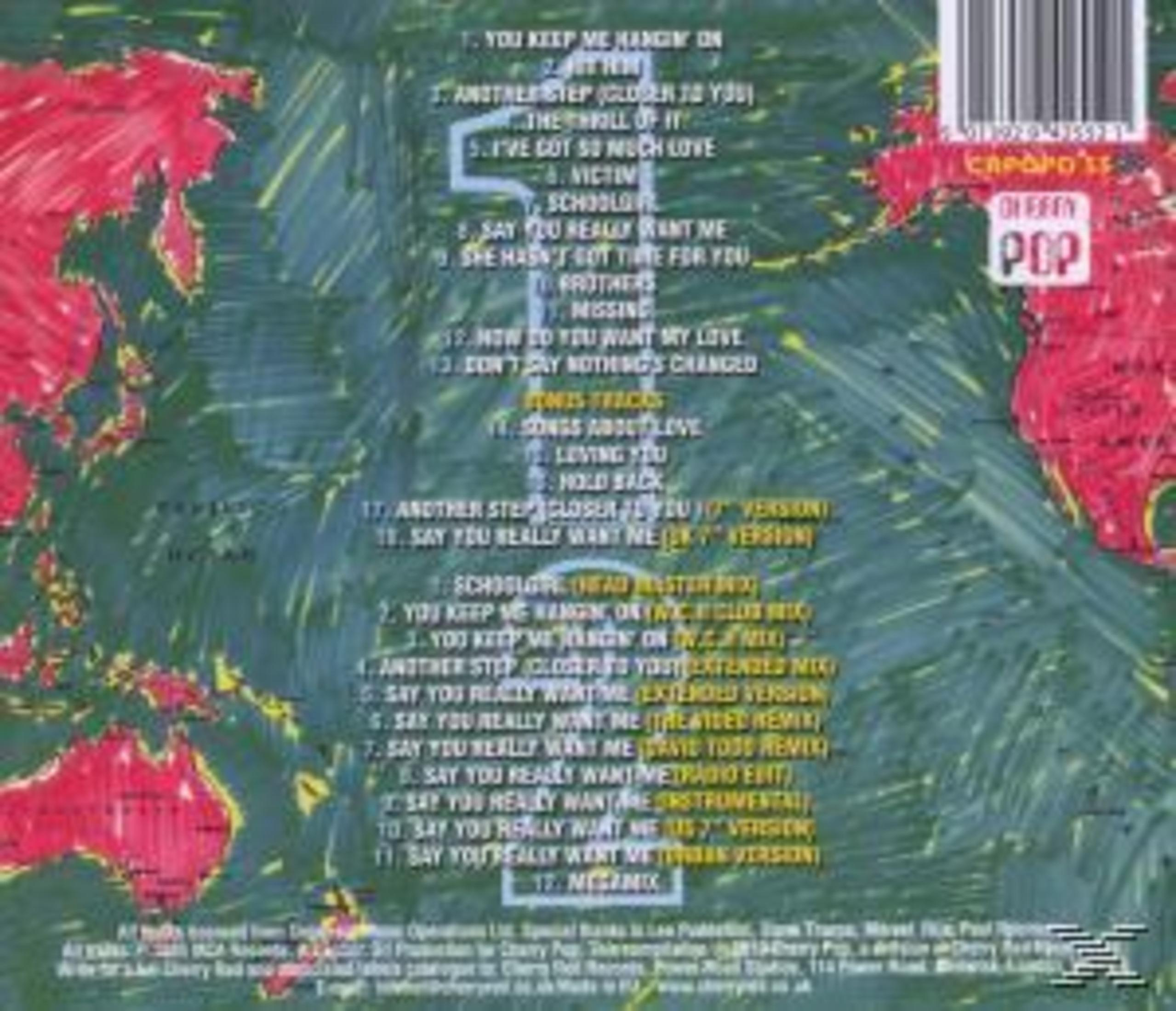 Albumcover mit Titelliste, Weltkarte und Plattenlabel-Logo. Rote, grüne und weiße Farben dominieren das Design.