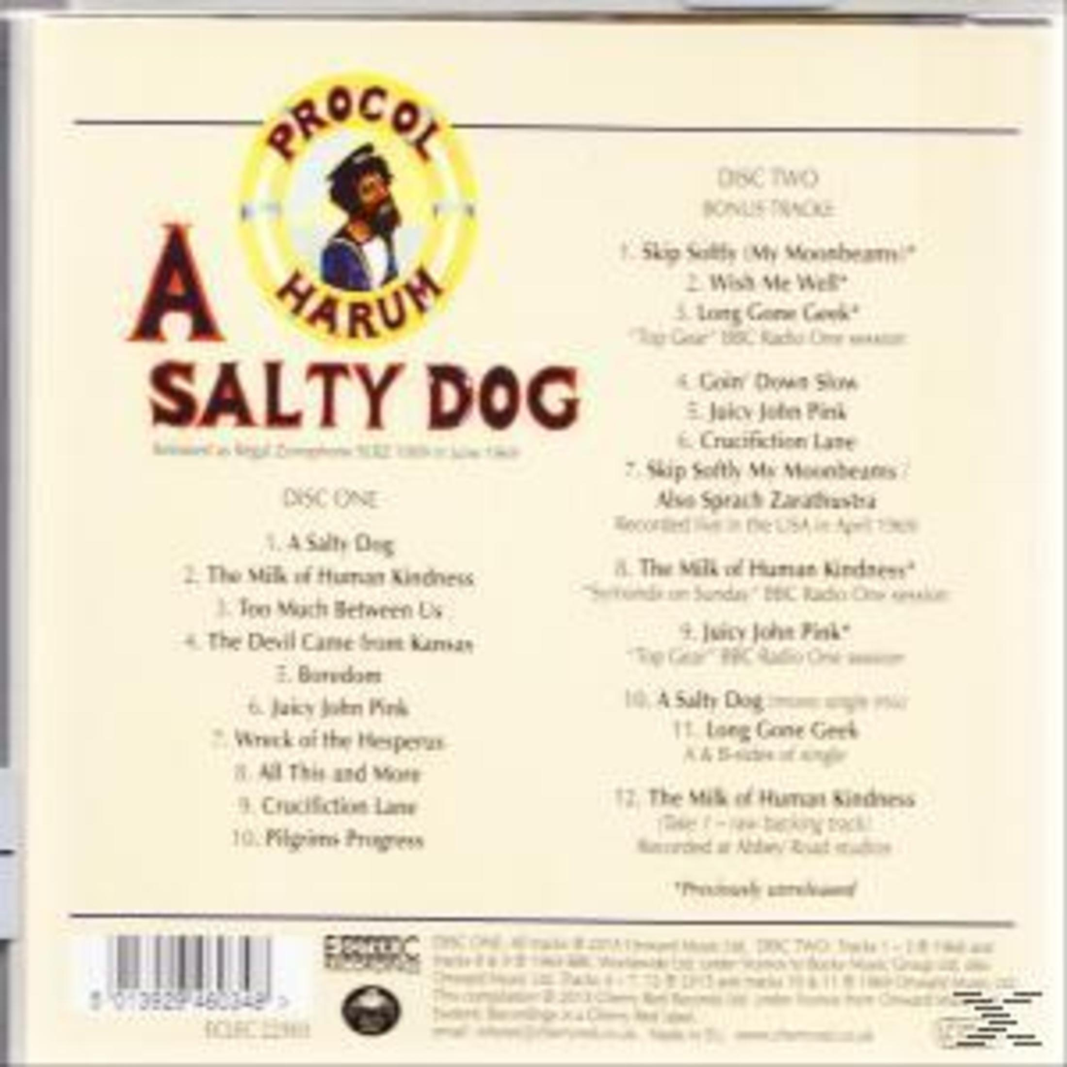 Albumcover für Procol Harums 'A Salty Dog'. Mit gelbem Logo, Albumtitel und Titelliste.