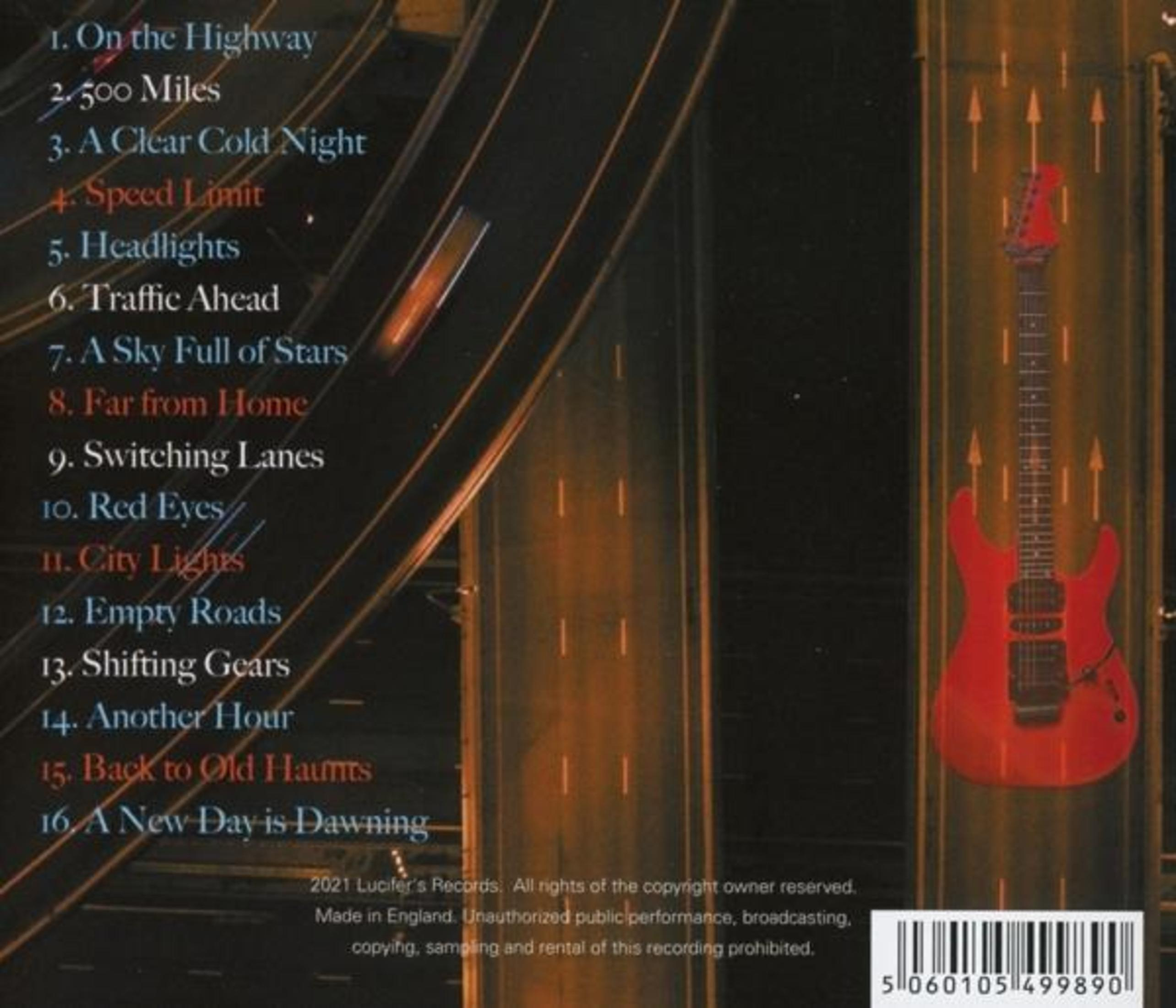 Albumcover: Rote Gitarrengrafik. Autobahn und Textüberlagerung. Titel: Lucifer's Records. Tracks aufgelistet. Barcode unten.