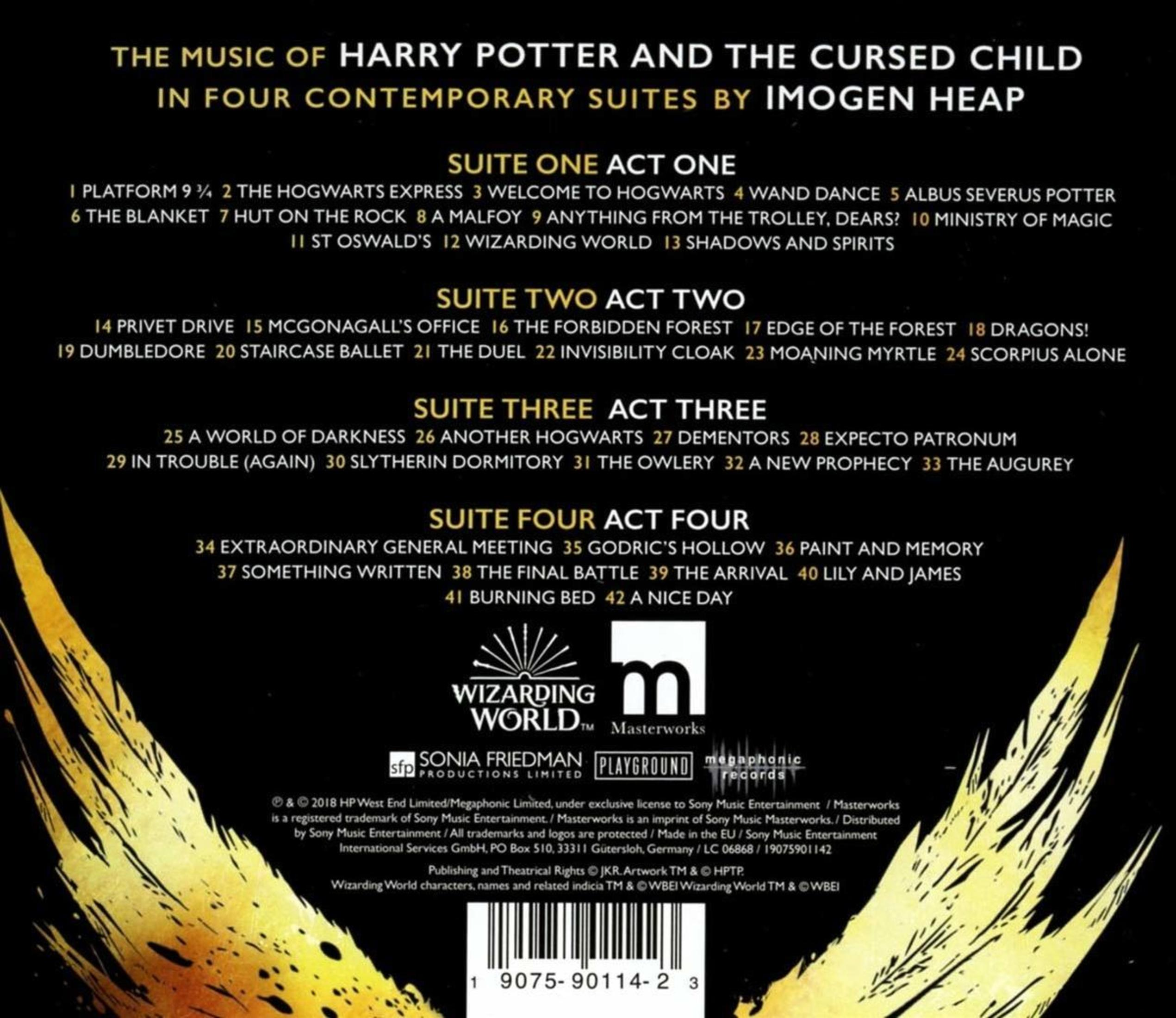 Albumcover für Harry Potter Musik. Text auf schwarzem Hintergrund mit goldenen Akzenten und Logos.