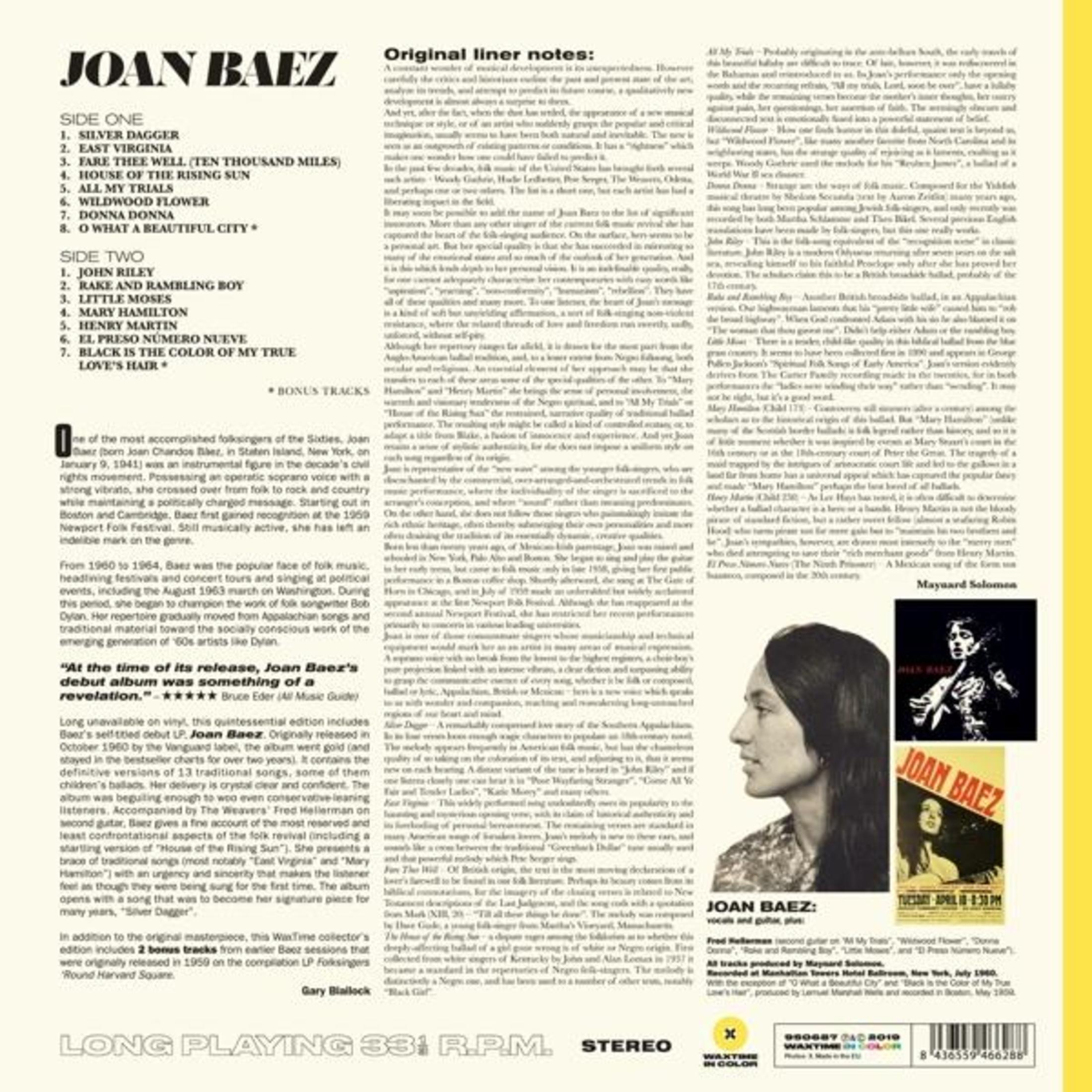 Albumcover, Joan Baez im Profil, Text: Joan Baez, Titelliste, Liner Notes, 33 1/3 RPM Stereo, Bonustracks.