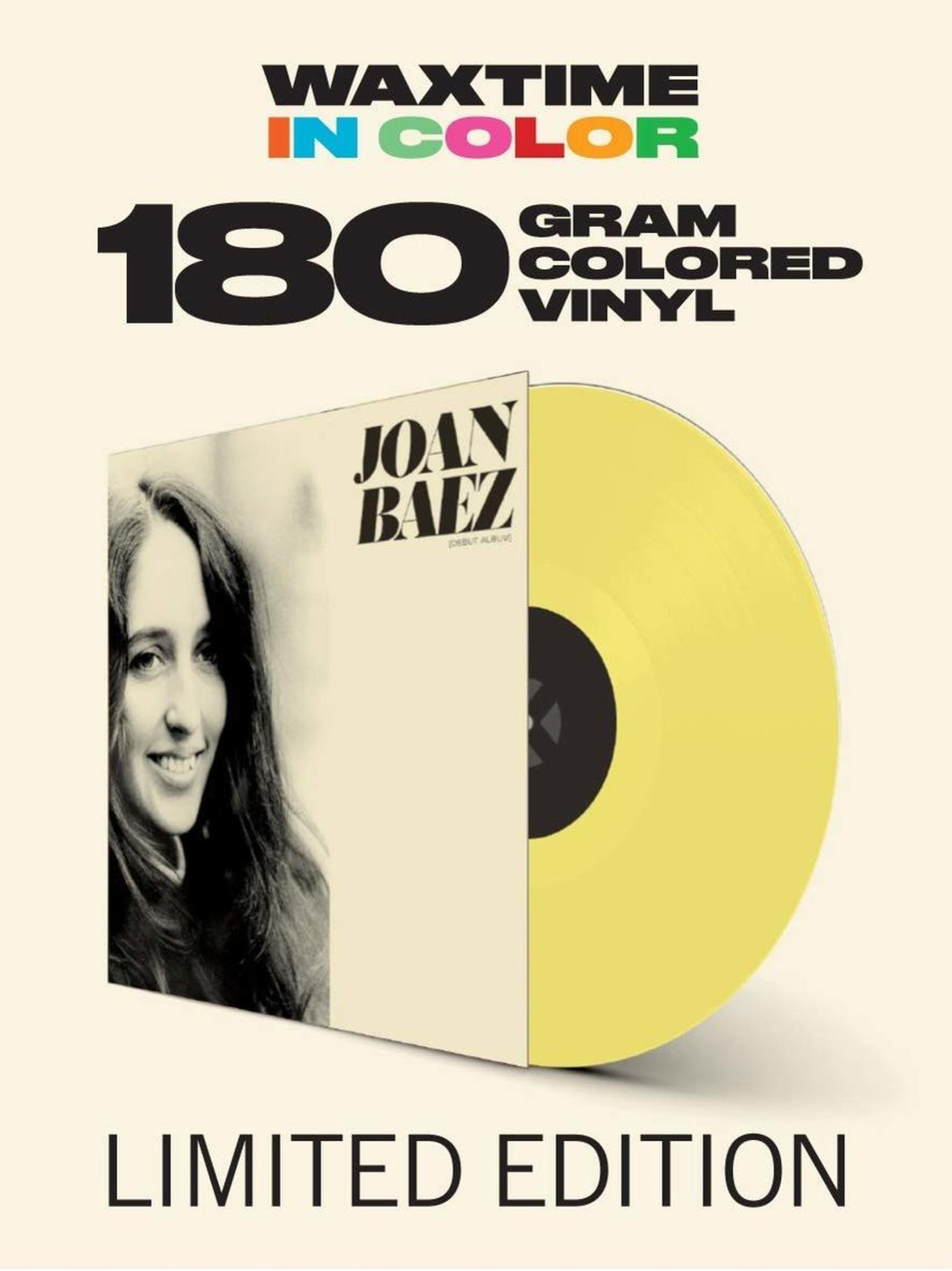 Albumcover von Joan Baez mit gelbem Vinyl. Text: Waxtime in Farbe, 180 Gramm farbiges Vinyl, limitierte Auflage.