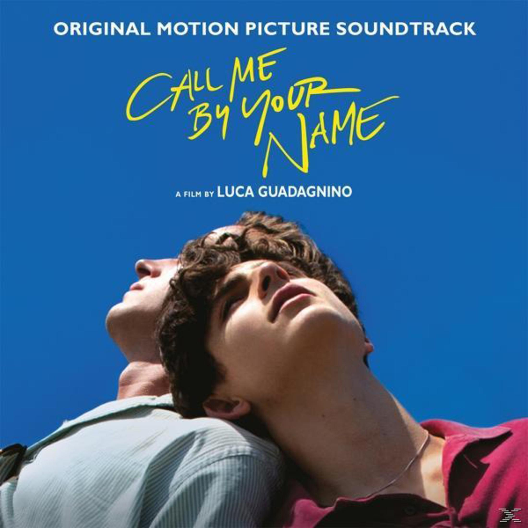 Poster di 'Call Me by Your Name'. Due uomini guardano in alto contro un cielo blu. Testo giallo e crediti del film.