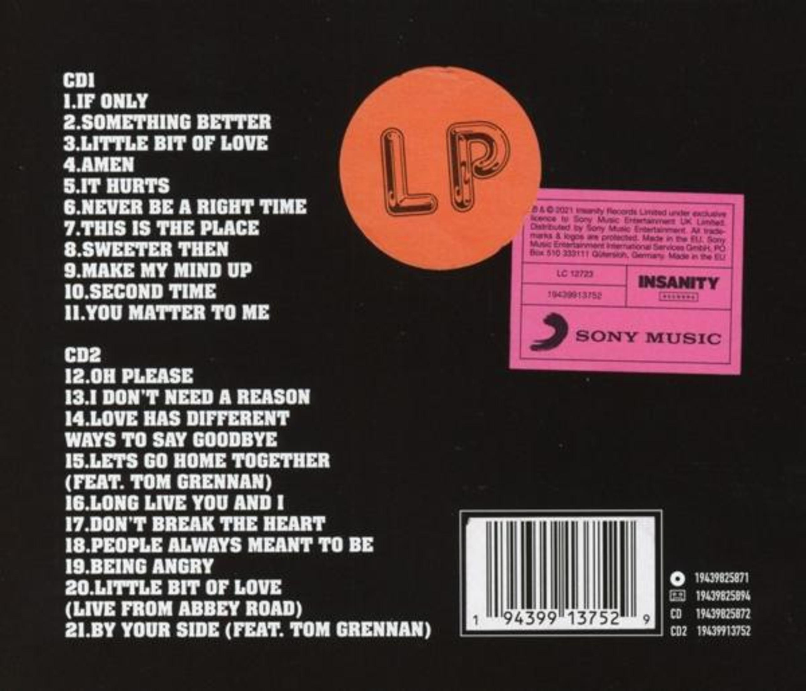 Das Bild zeigt eine CD-Hülle mit Titelliste. Ein orangefarbener Kreis mit "LP" ist sichtbar. Rosa Etikett mit "INSANITY" und "SONY MUSIC".
