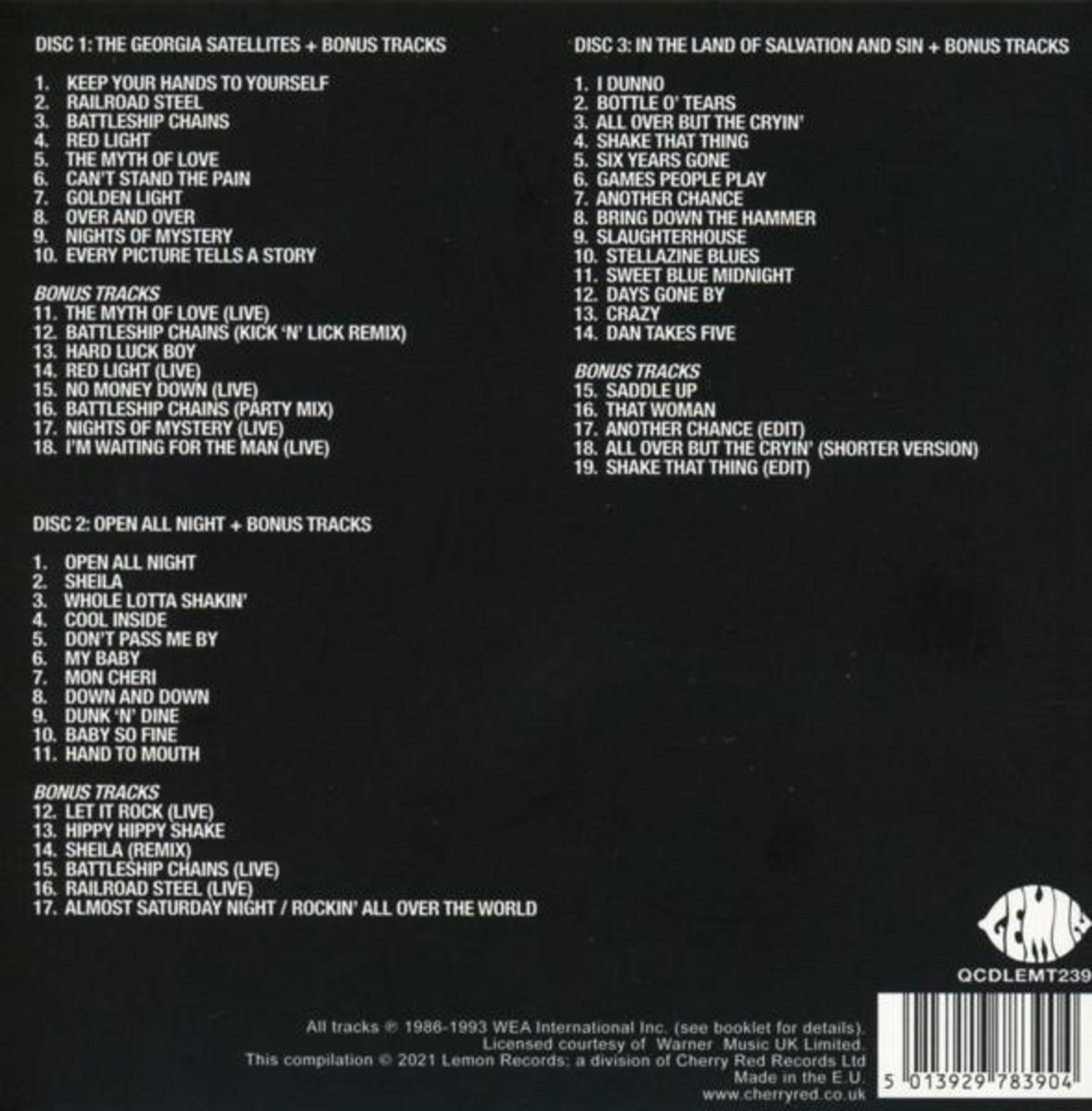 Albumcover mit Titellisten für The Georgia Satellites. Listet Songs auf den CDs 1, 2 und 3 sowie Bonustracks.