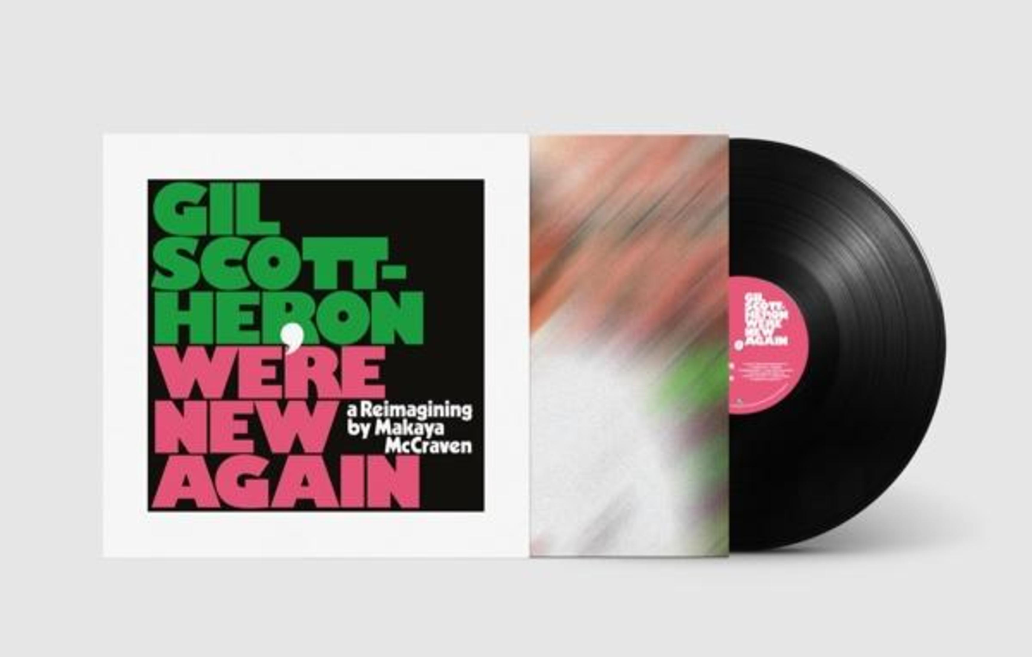 Albumcover: Gil Scott-Heron 'We're New Again'. Schwarze Schallplatte. Cover hat Text und abstrakte Kunst.