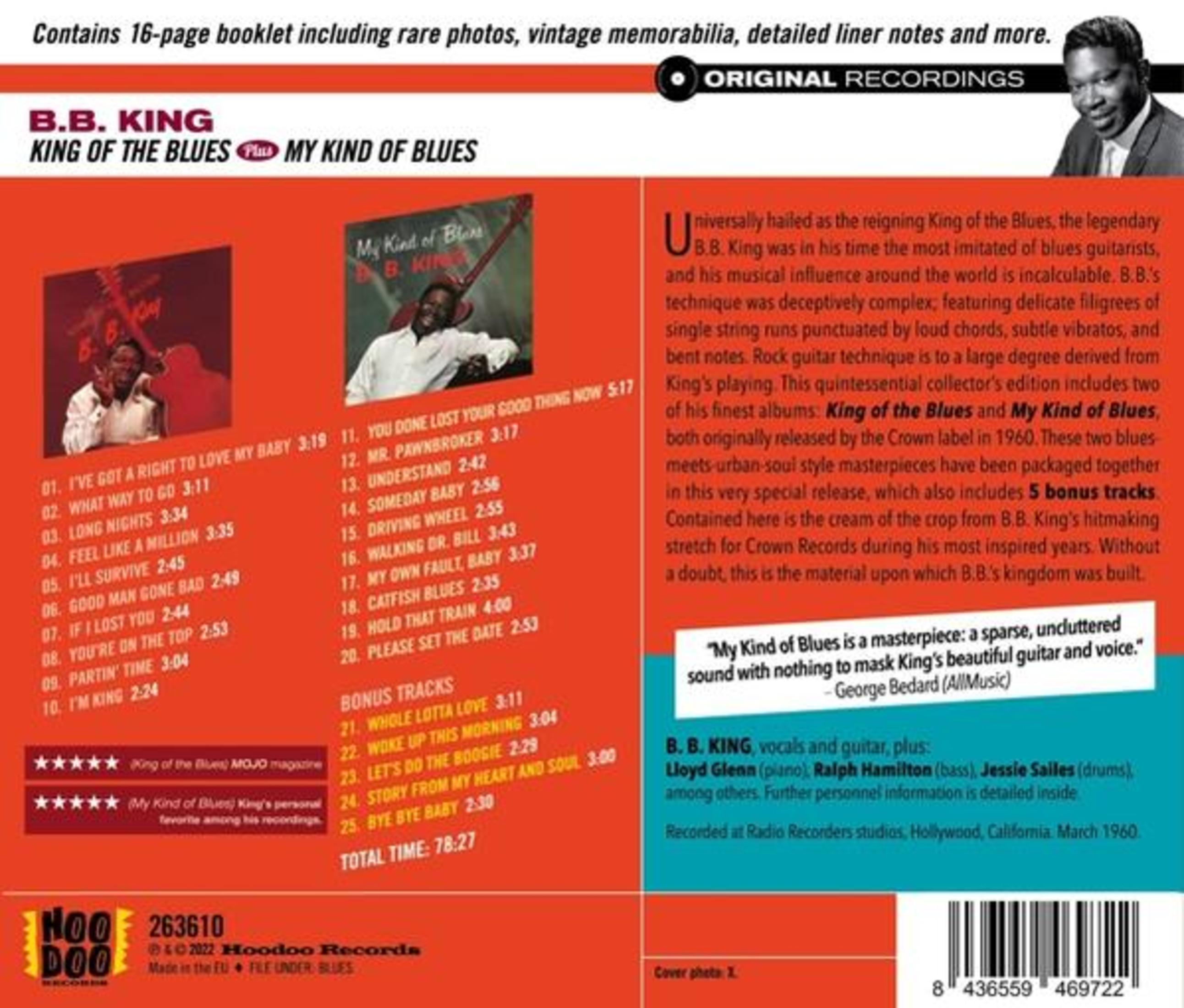 Albumcover mit Foto von B.B. King und Albumtitel 'King of the Blues Plus My Kind of Blues', mit Titellisten.
