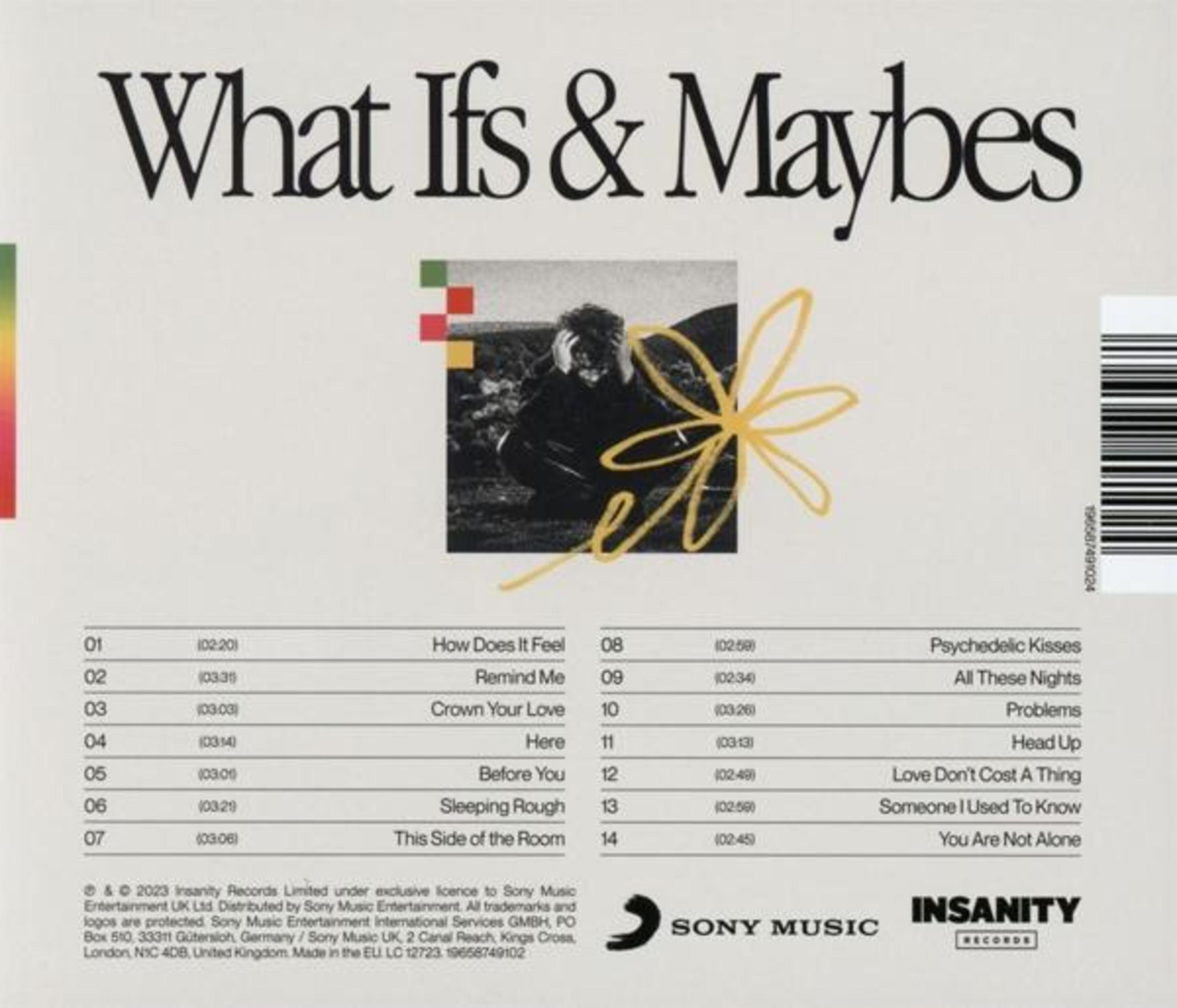 Albumcover mit Titel 'What Ifs & Maybes', Bild einer Person, einer gelben Blume und einer Titelliste.