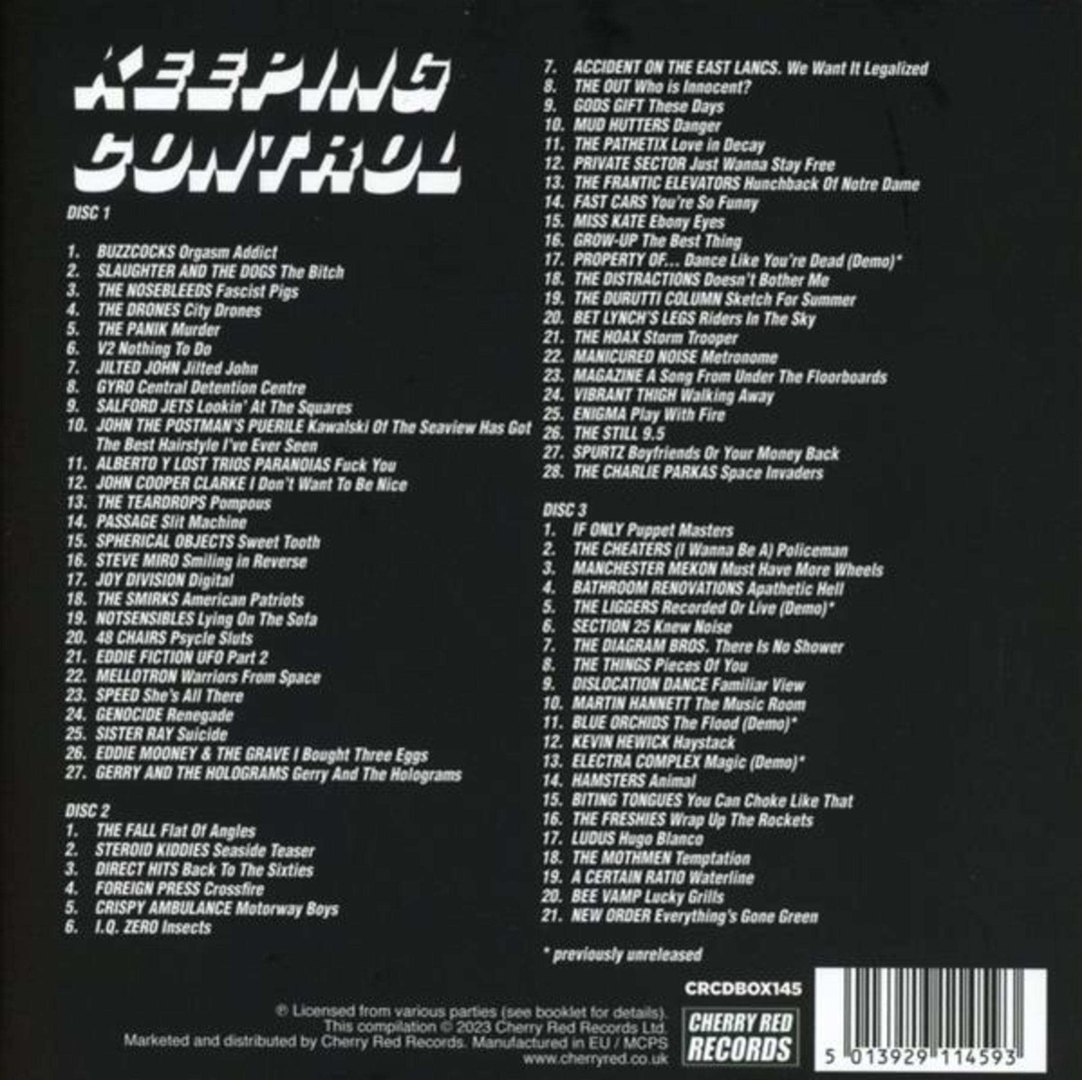 Albumcover mit schwarzem Hintergrund und weißem Text. Listet Songtitel und Künstlernamen auf drei Discs auf. Cherry Red Records Logo.