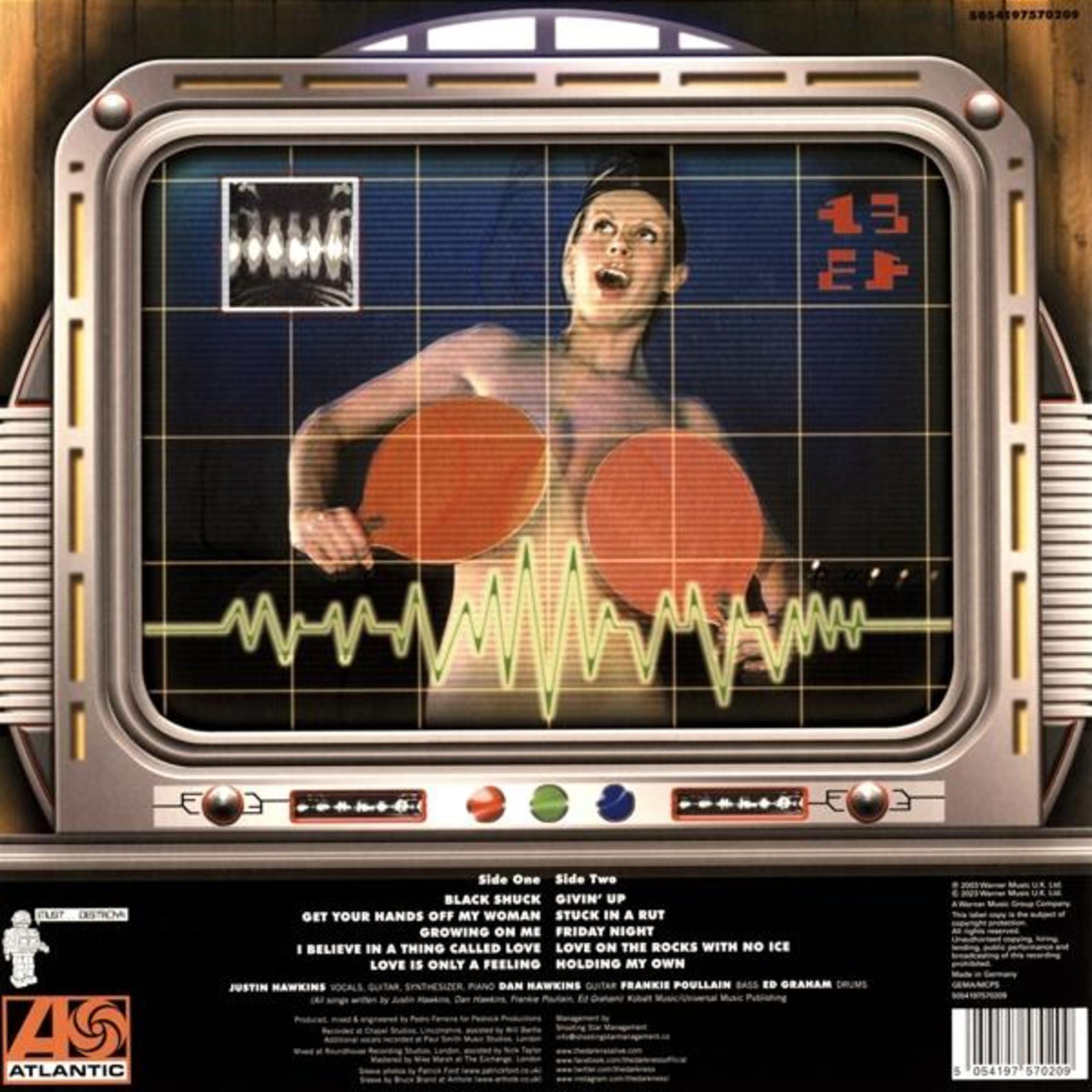 Copertina dell'album: Donna in uno schermo TV con racchette da ping pong. Sotto, un'onda sonora verde e la tracklist.