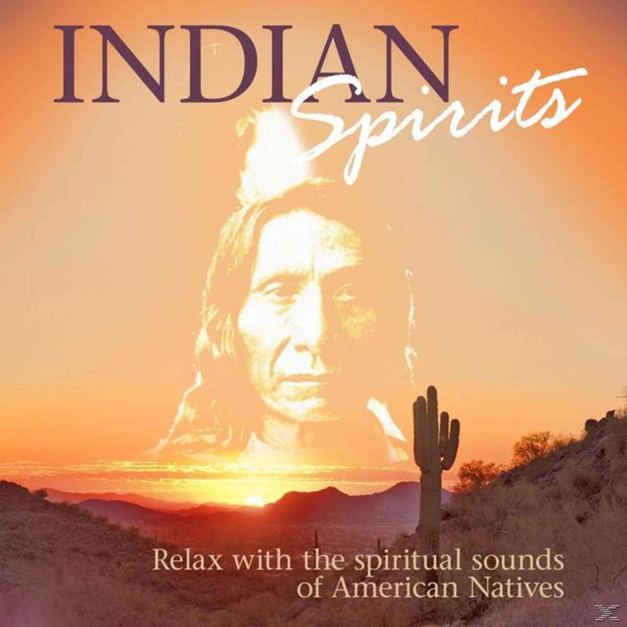 Bild mit indianischem Gesicht, Sonnenuntergang, Wüstenlandschaft und Text: Entspannen Sie sich bei spirituellen Klängen.