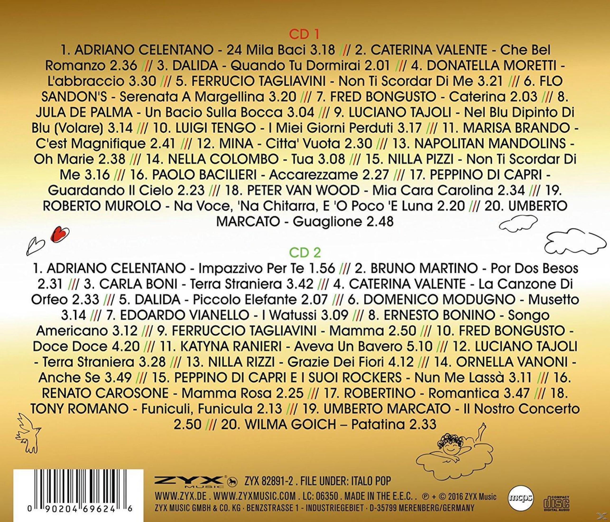 CD-Cover mit Titellisten und Künstlern. Text ist auf Italienisch und anderen Sprachen. Enthält Logos und einen Barcode.