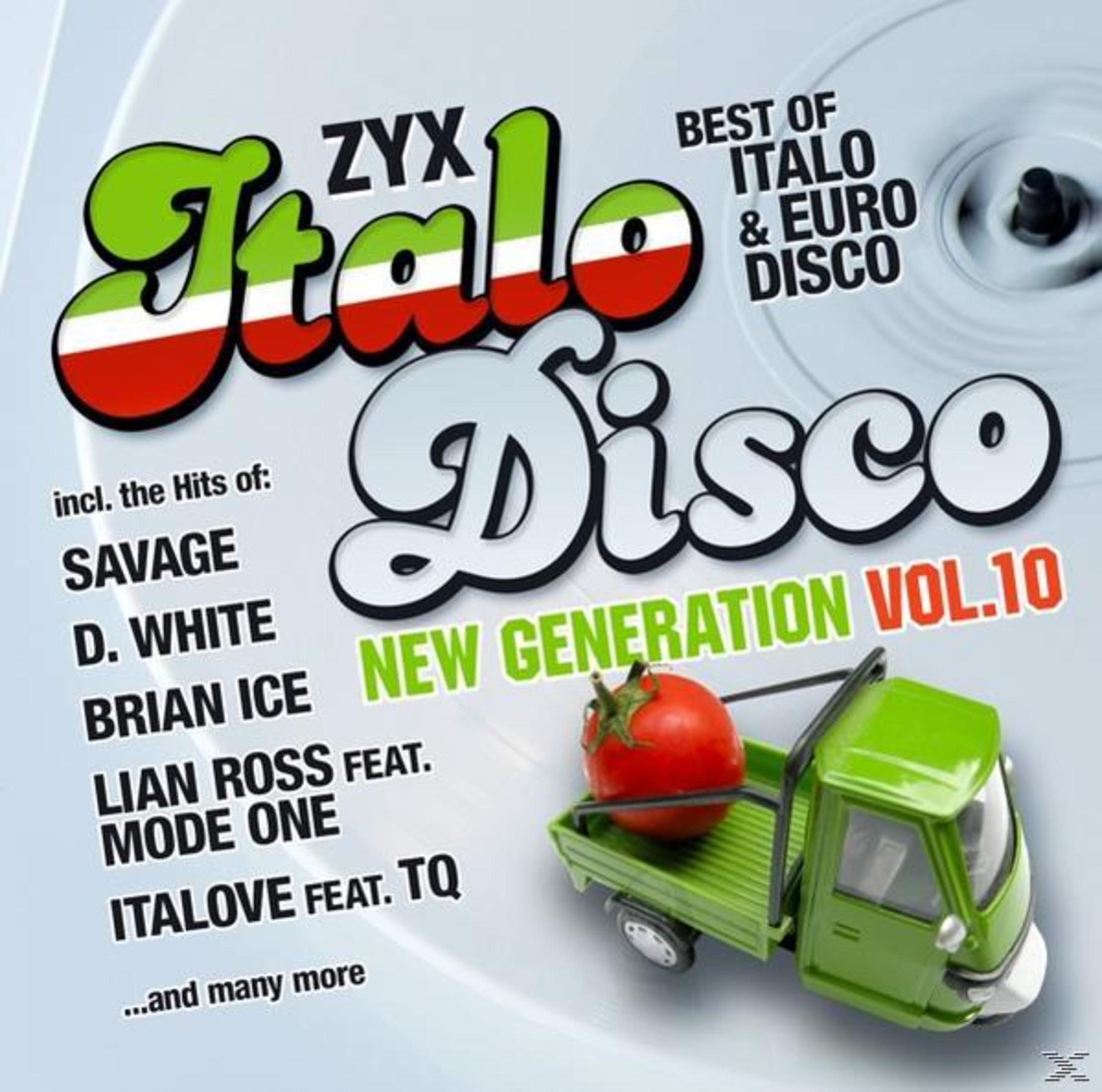 Albumcover für 'ZYX Italo Disco New Generation Vol. 10'. Zeigt einen Spielzeug-LKW mit einer Tomate und die Künstler des Albums.