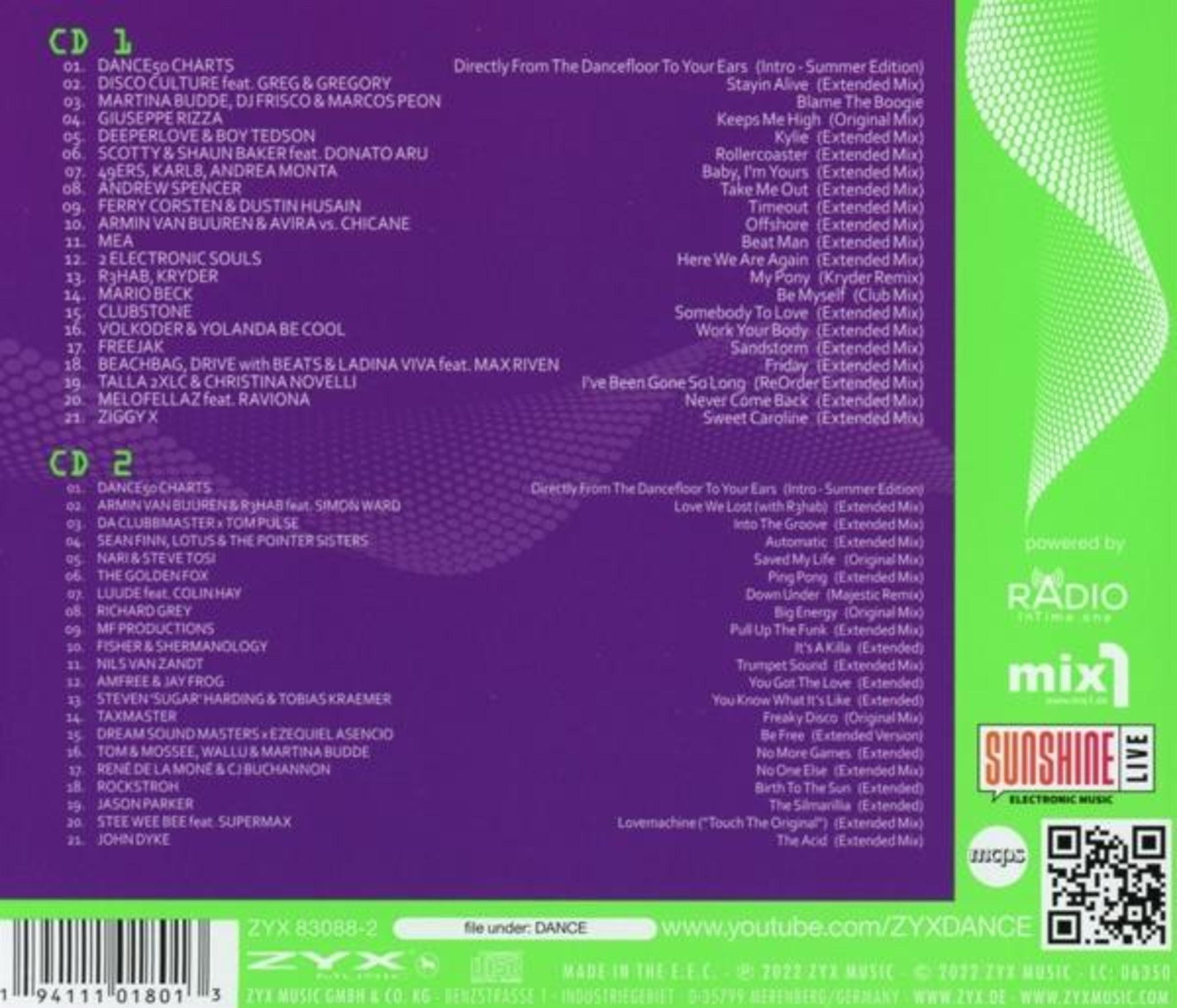 Albumcover mit Titellisten. Lila-grünes Design mit Radiosender-Logo und QR-Code.