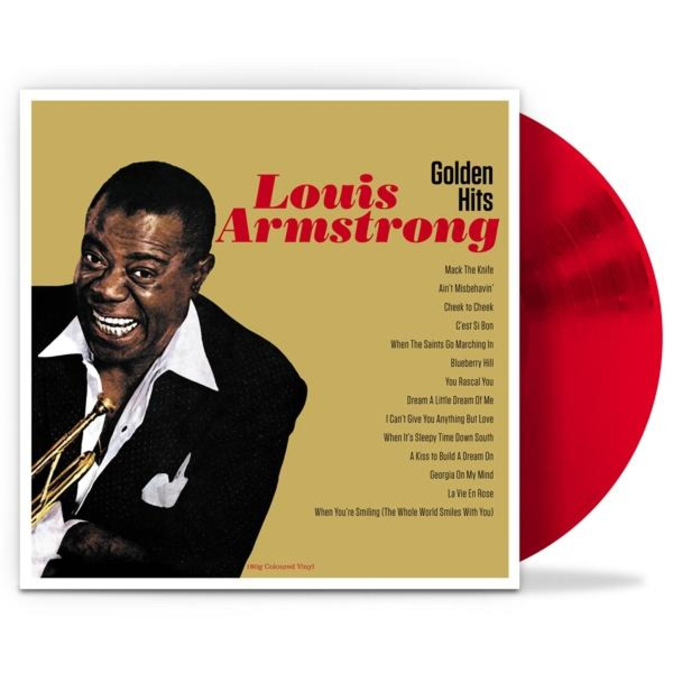 Copertina dell'album Louis Armstrong Golden Hits. Armstrong sorride, tenendo una tromba. A destra c'è un disco in vinile rosso.