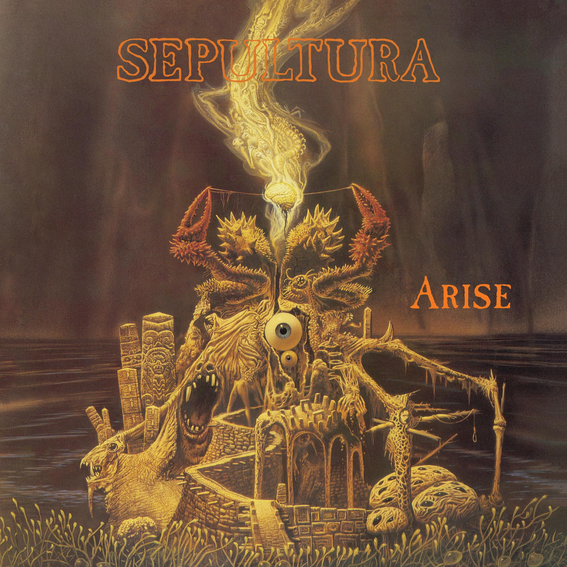 Copertina dell'album 'Arise' dei Sepultura, con una creatura surreale e un grande occhio su un paesaggio. Nome della band in alto.