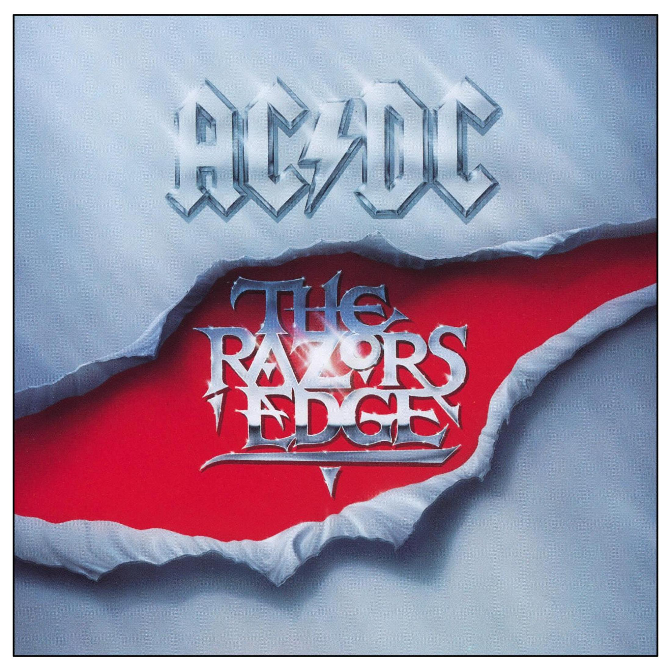 Copertina dell'album 'The Razors Edge' degli AC/DC. Sfondo grigio con carta strappata che rivela uno sfondo rosso. Logo della band in alto.
