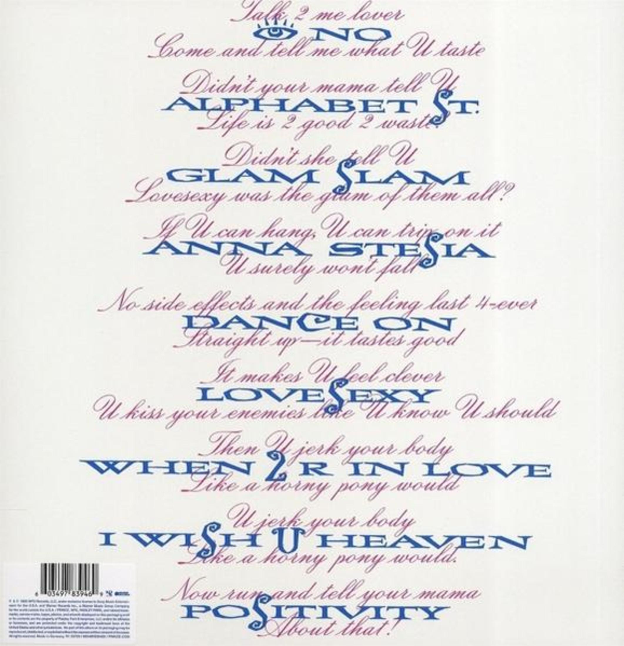 Sfondo bianco con testo blu e viola. Il testo include testi di canzoni come 'Talk 2 me lover', 'Alphabet' e 'Love Sexy'.