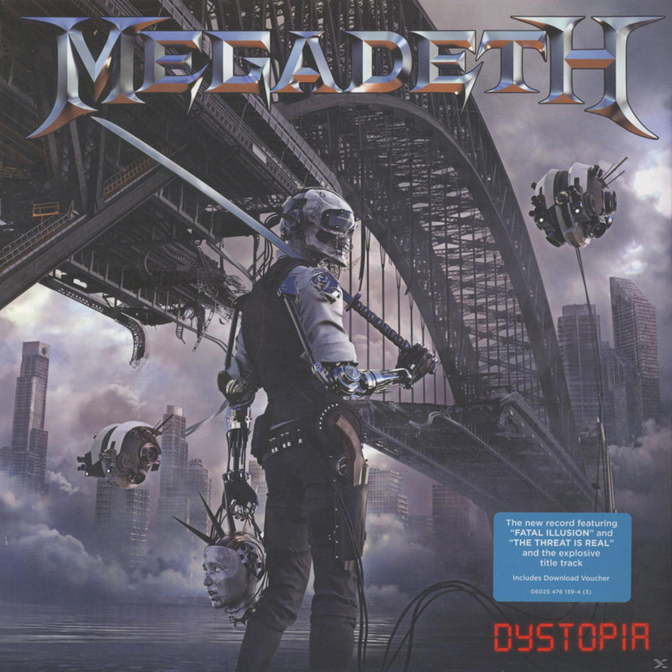 Copertina dell'album Dystopia dei Megadeth. Una figura di cyborg con una spada è in piedi davanti a un ponte, robot fluttuano e uno skyline della città è visibile.