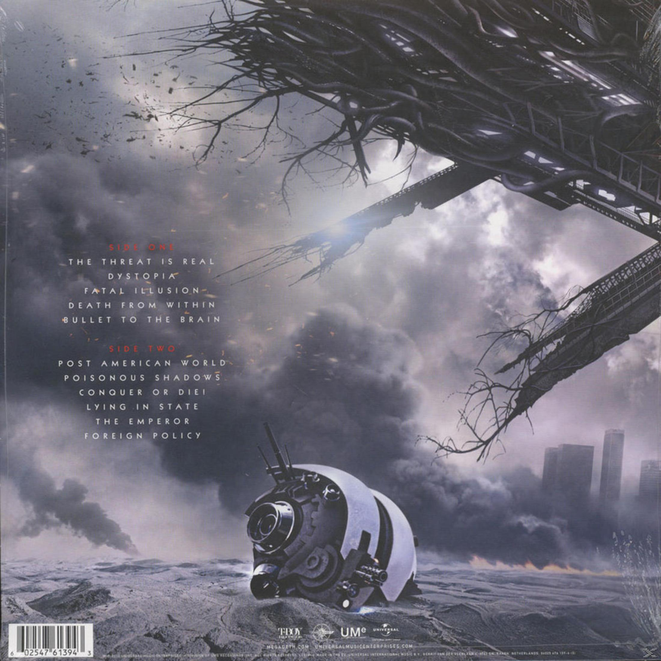 Copertina dell'album con temi oscuri e futuristici. Presenta un oggetto meccanico danneggiato, un paesaggio urbano e testo minaccioso.