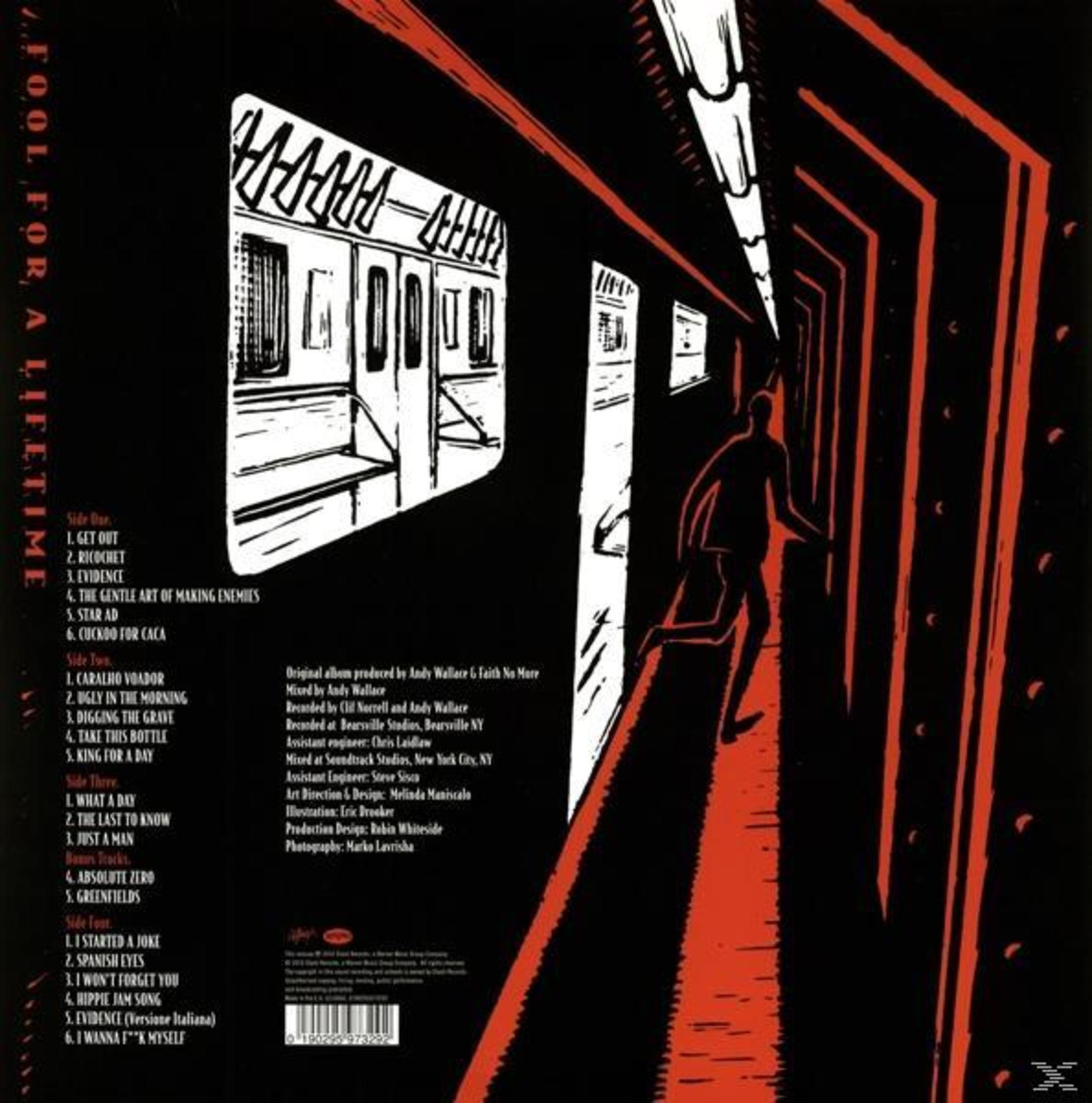 Copertina dell'album: sfondo nero, linee rosse, silhouette di un uomo che corre, illustrazione del treno e lista brani.
