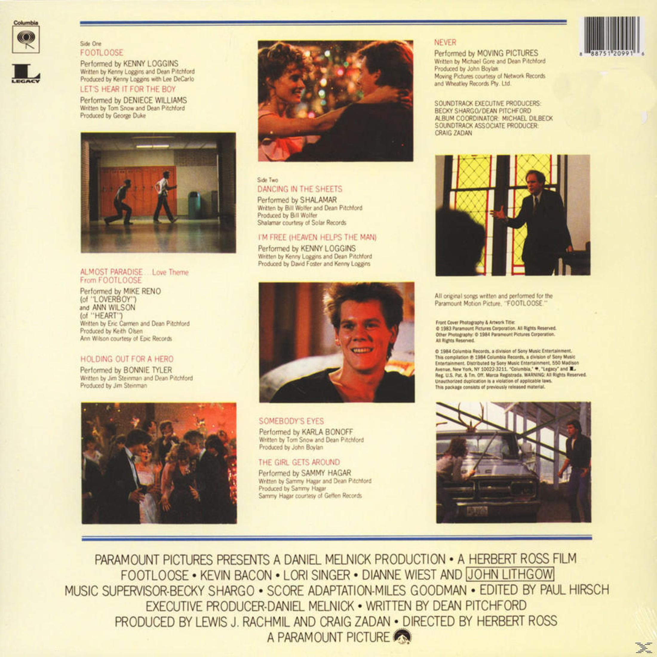 Copertina dell'album con testo: colonna sonora di 'Footloose'. Contiene titoli di canzoni e nomi di artisti, con fotogrammi di Kevin Bacon.