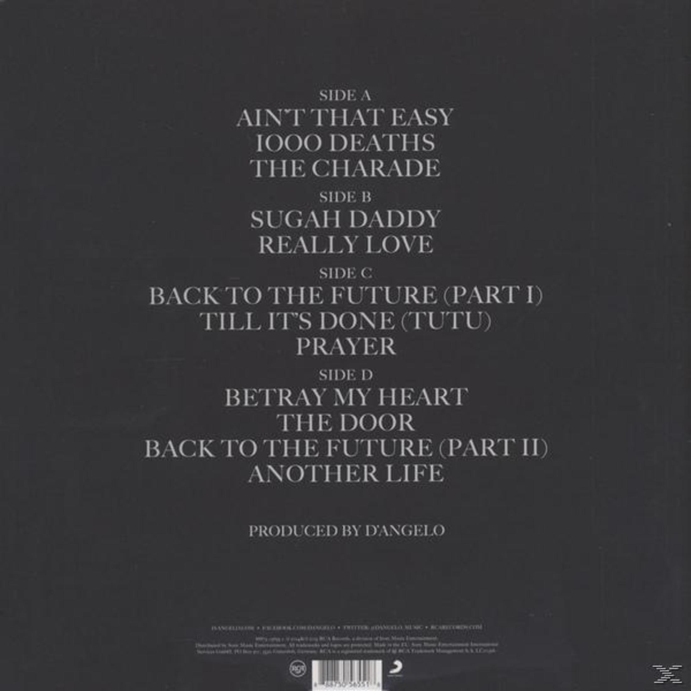 Copertina dell'album con titoli di canzoni in bianco su sfondo grigio scuro. Include gli elenchi dei brani dei lati A, B, C e D.