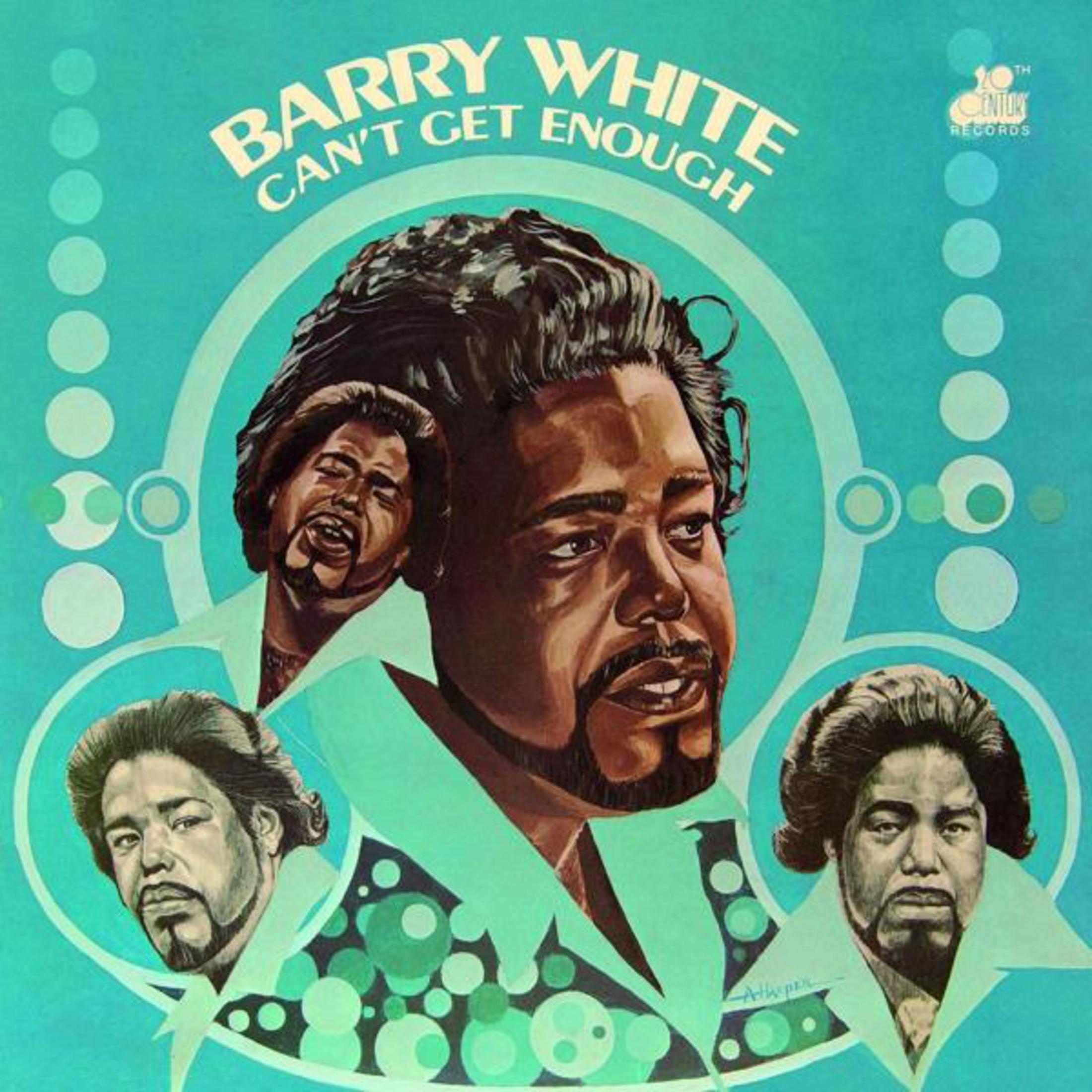 Copertina dell'album di Barry White. Presenta il volto di Barry White più volte, sfondo turchese e il titolo 'Can't Get Enough'.