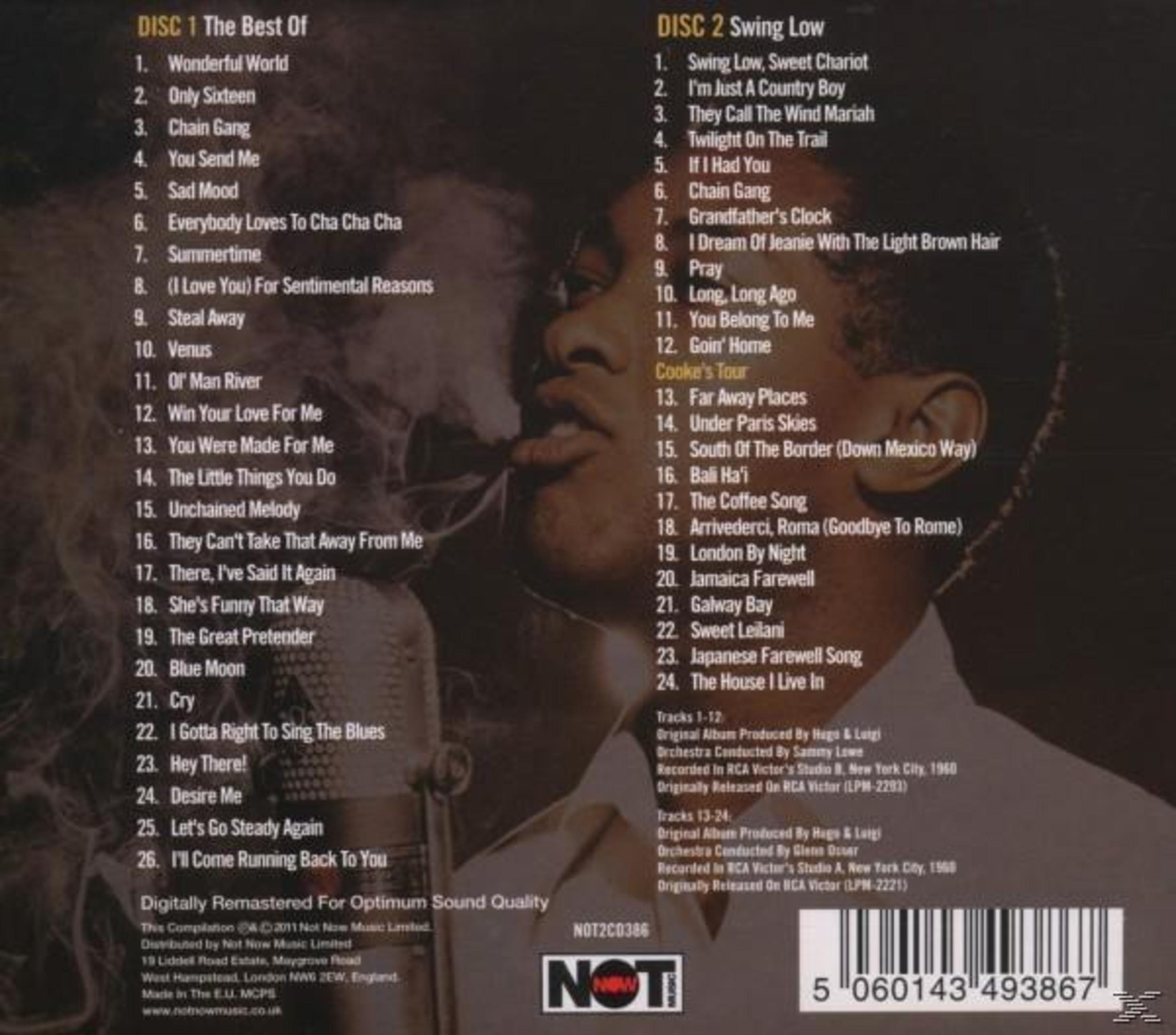 Albumcover mit einem Gesicht und Songtiteln. Zwei Listen, 'The Best Of' und 'Swing Low', mit Songnamen.