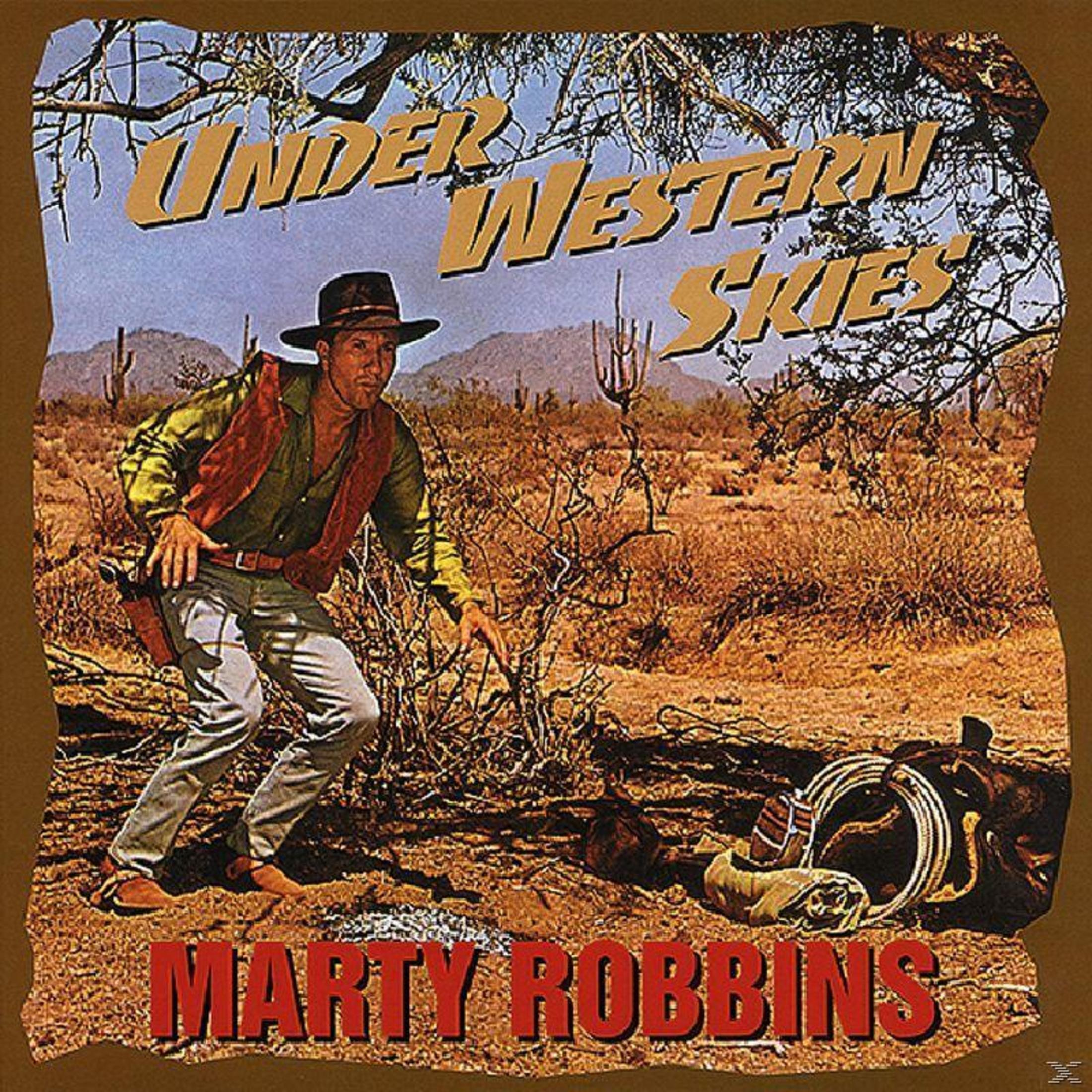 Albumcover zeigt einen Cowboy in einer Wüstenlandschaft. Der Text lautet "Under Western Skies" und "Marty Robbins".