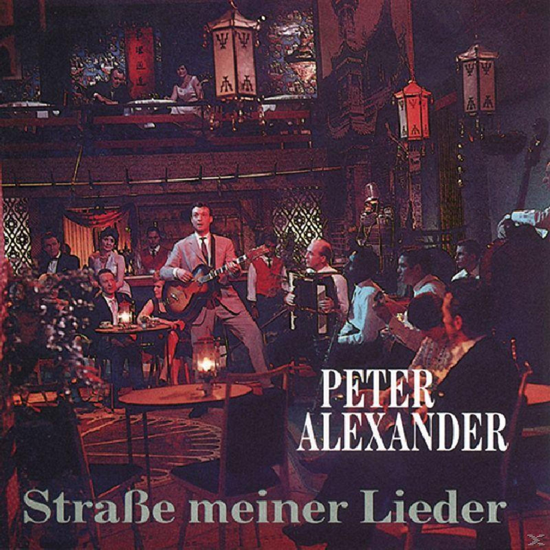 Ein Mann mit Gitarre tritt in einem schwach beleuchteten Club auf. Musiker und Publikum füllen den Raum. "Peter Alexander" ist sichtbar.