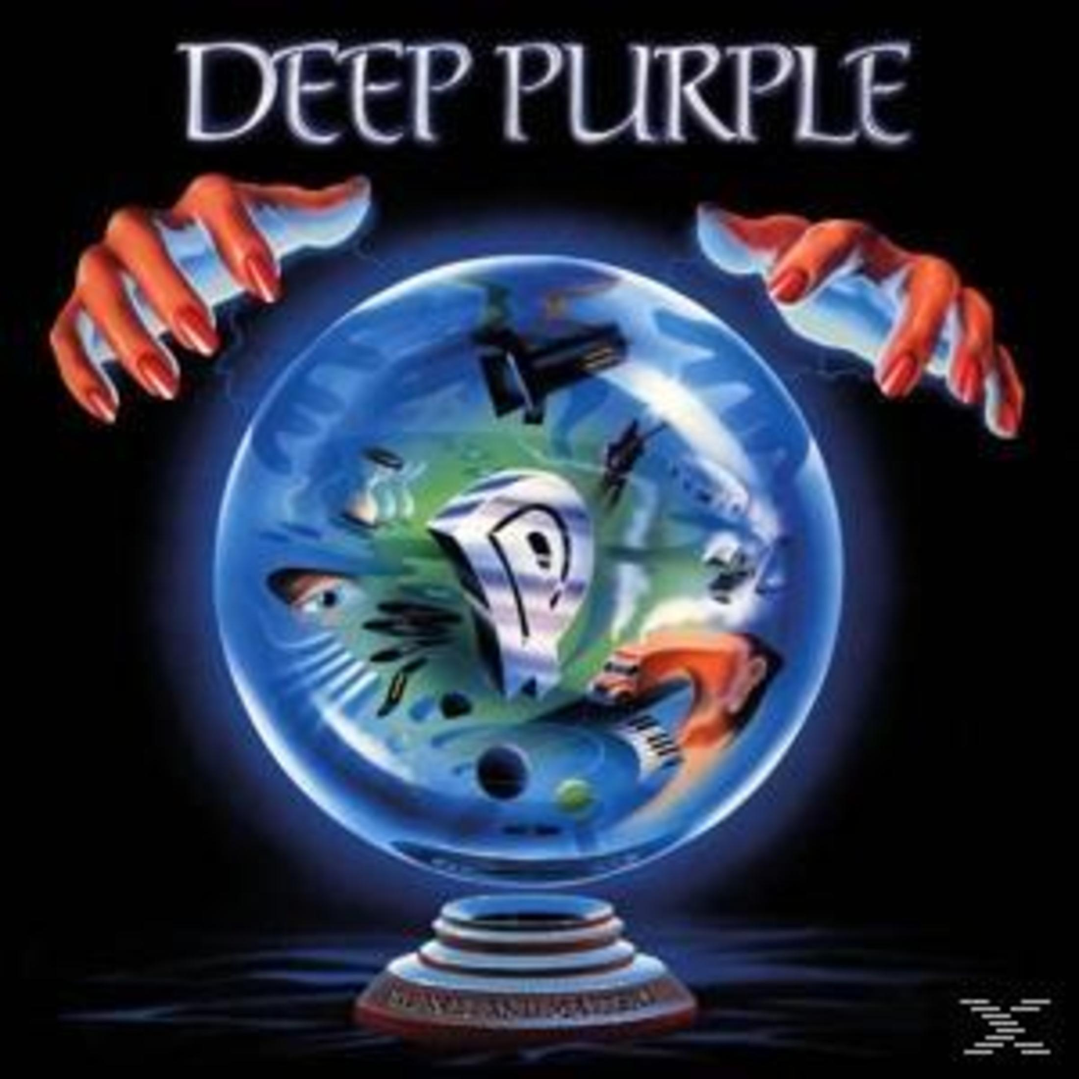 Albumcover mit 'Deep Purple' über einem blauen Globus. Hände mit roten Nägeln flankieren den Globus mit Musikinstrumenten.