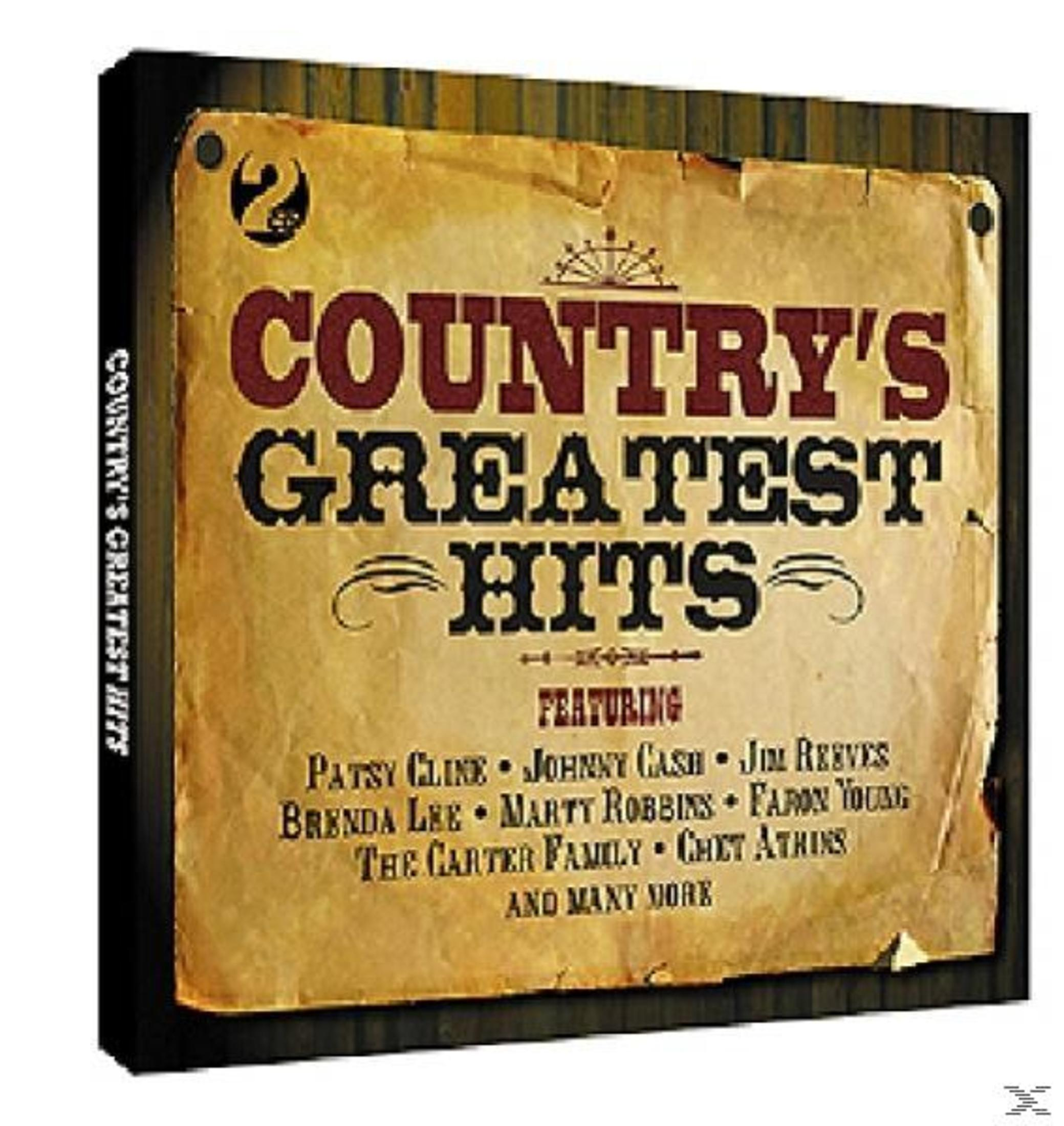 CD-Cover mit dem Titel "Country's Greatest Hits". Enthält Künstler wie Johnny Cash und Patsy Cline. Braune, beige und schwarze Farben sind vorhanden.
