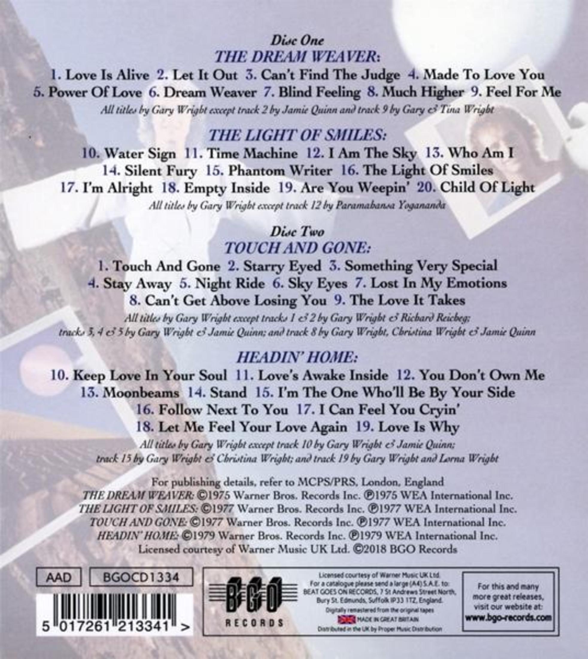 CD-Cover mit Songtiteln. Enthält Albumtitel: Dream Weaver, Light of Smiles, Touch and Gone und Headin' Home.