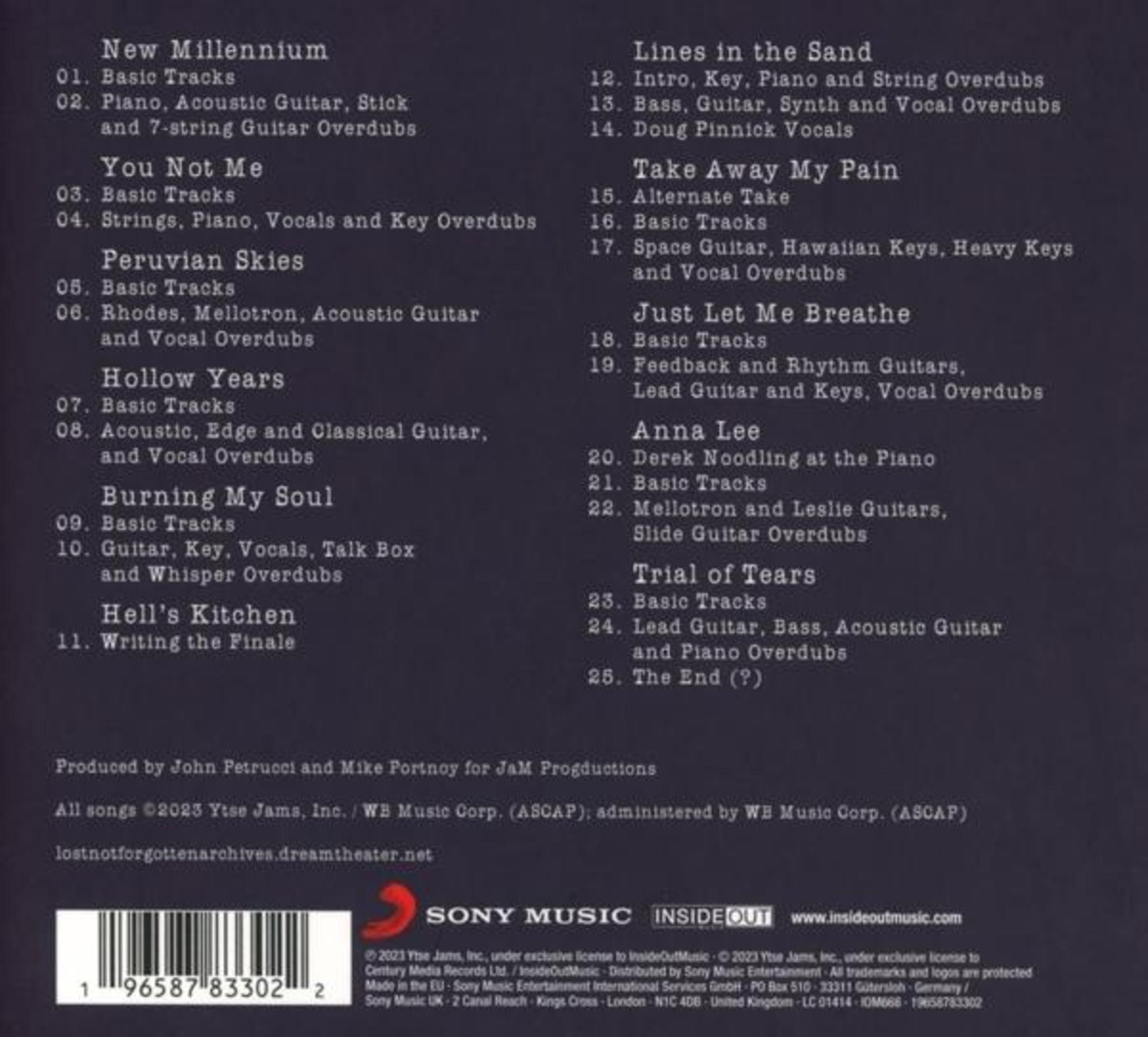 Albumcover mit Titelliste. Dunkelblauer Hintergrund, weißer Text. Sony Music und InsideOut Music Logos. Barcode unten.