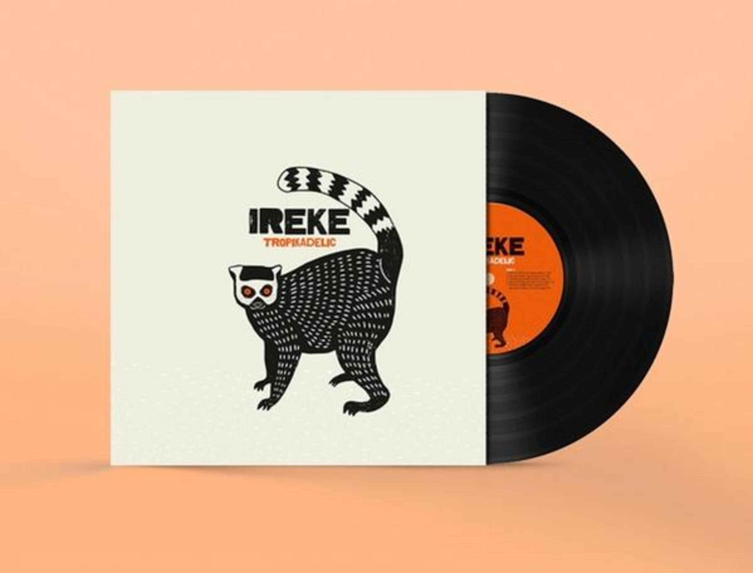 Albumcover. Schwarze Schallplatte. Cover hat eine Lemur-Illustration und das Wort 'IREKE'. Oranger Hintergrund.