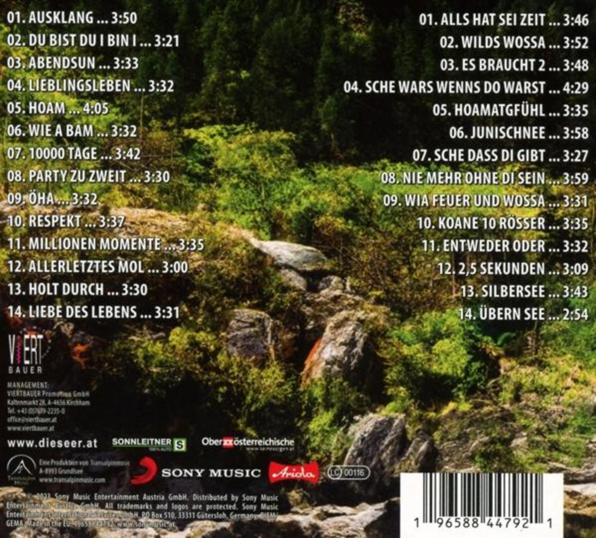Albumcover mit Songtiteln und -dauern, einem Logo und Kontaktinformationen. Grüner und brauner Hintergrund.