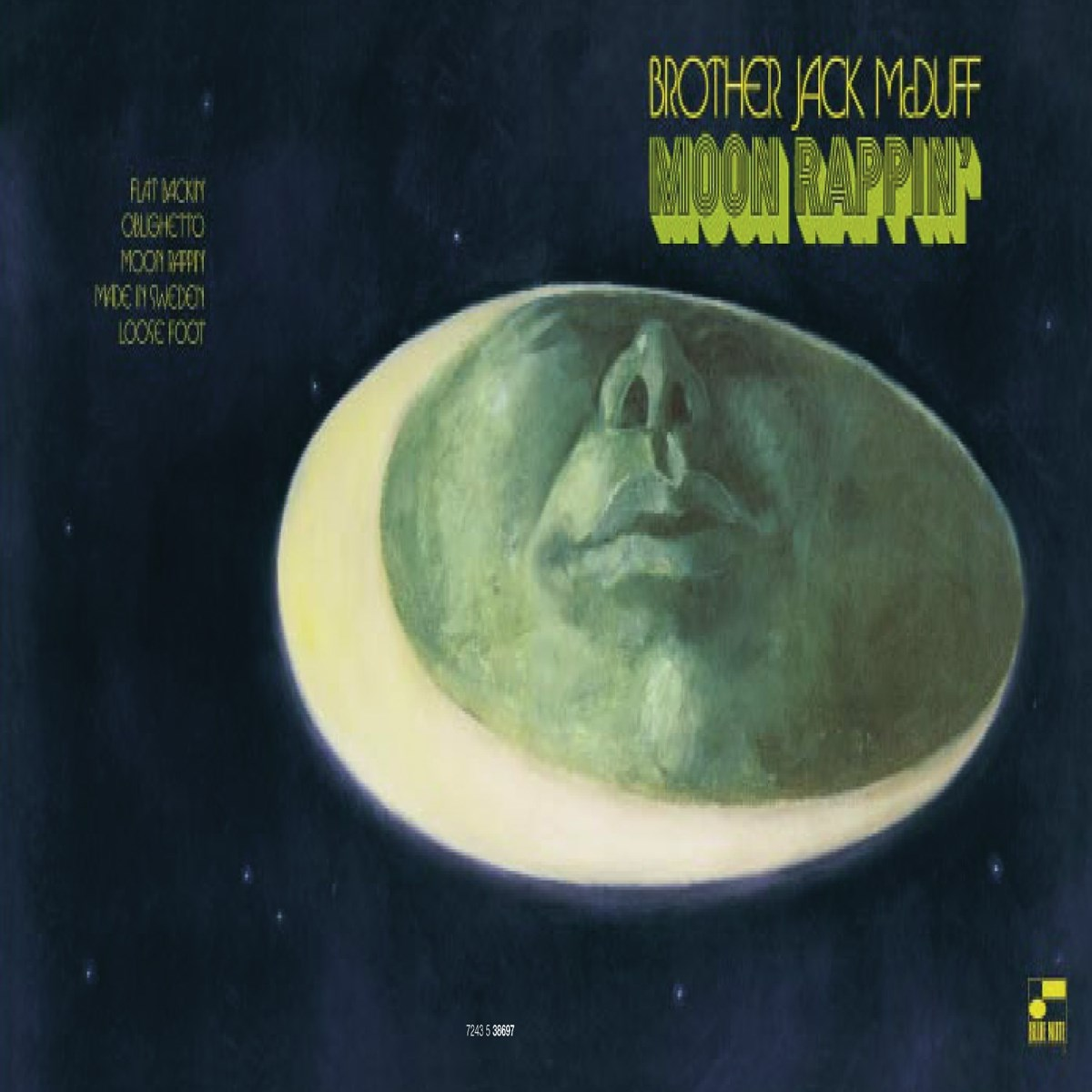 Copertina dell'album: un volto su una luna crescente, sfondo blu scuro con stelle. Il testo recita "Brother Jack McDuff Moon Rappin'".
