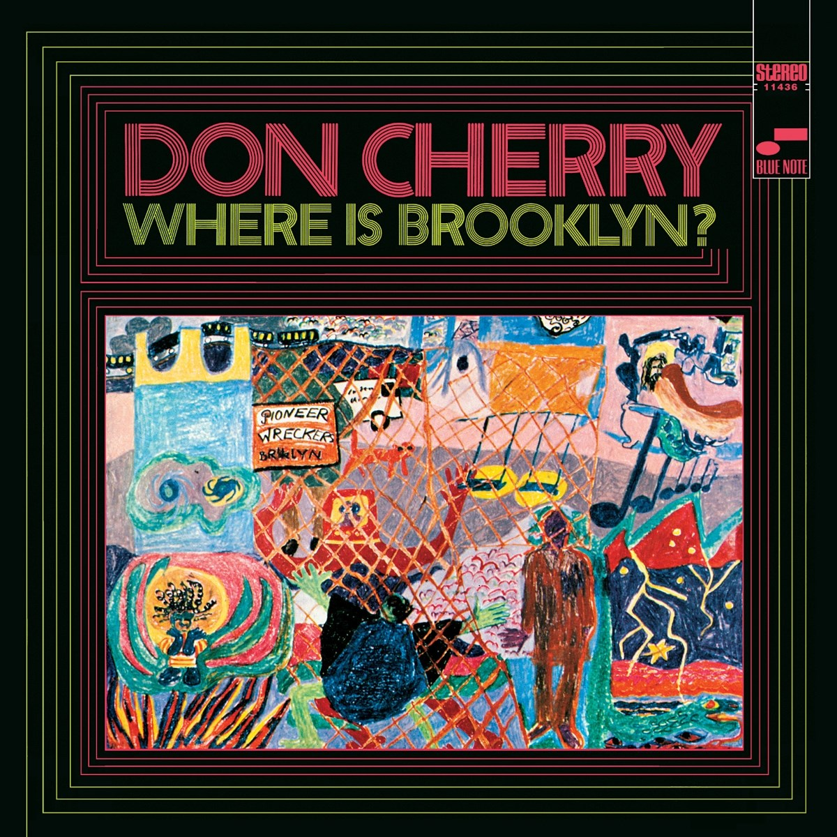 Copertina dell'album "Where Is Brooklyn?" di Don Cherry con un dipinto astratto colorato con sovrapposizione di testo.