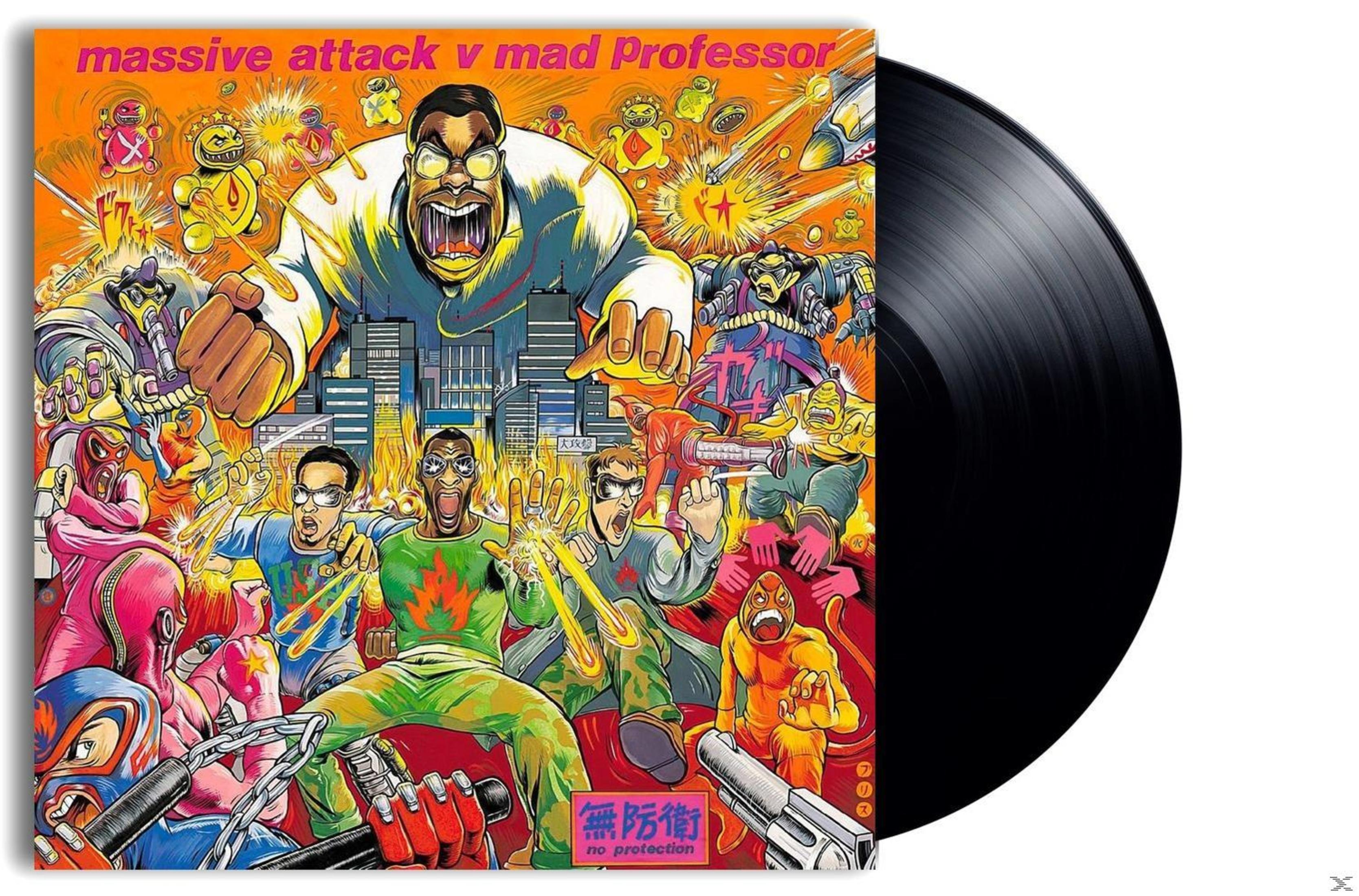 Copertina dell'album con personaggi dei cartoni animati, un disco in vinile nero e la scritta 'massive attack v mad Professor'.