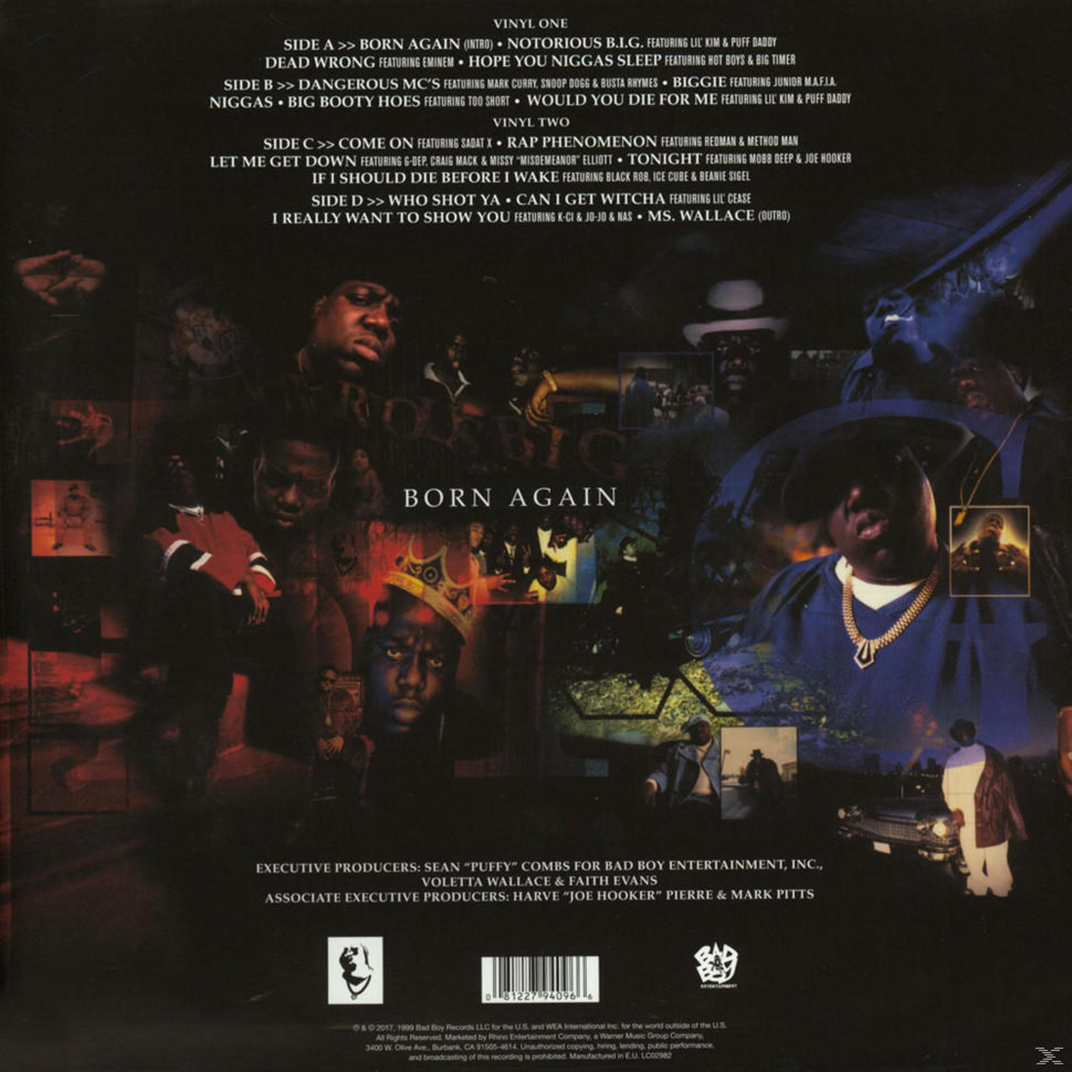 Copertina dell'album con titolo 'Born Again', immagini di Biggie, tracklist e crediti. Design scuro e malinconico.