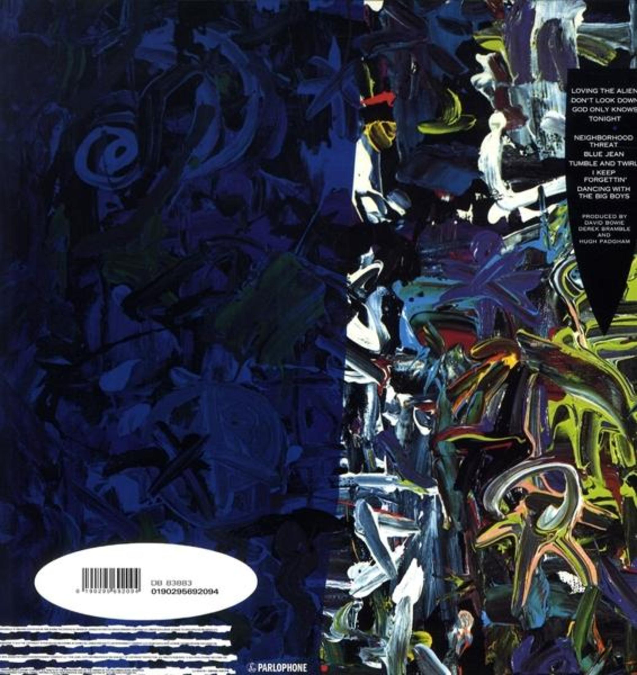 Copertina dell'album con arte astratta in blu, bianco e giallo. Il testo sul lato destro elenca i titoli delle canzoni e i crediti di produzione.