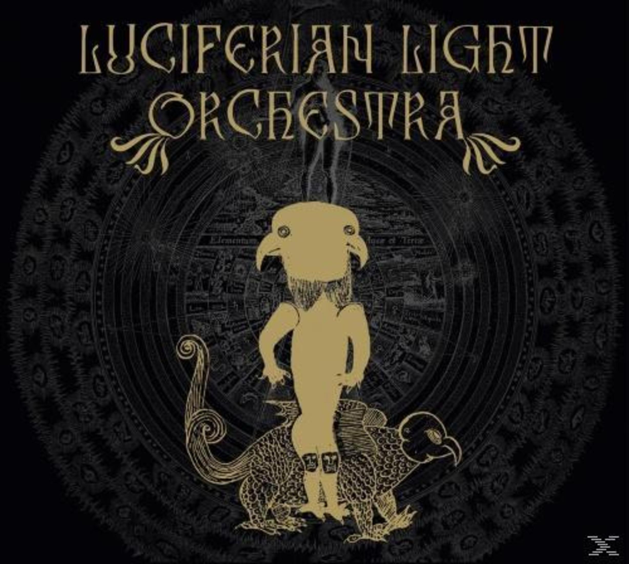 Albumhoes. Gouden figuur staat op wezen met vogelkop. Cirkelvormige achtergrond met tekst 'Luciferian Light Orchestra'.
