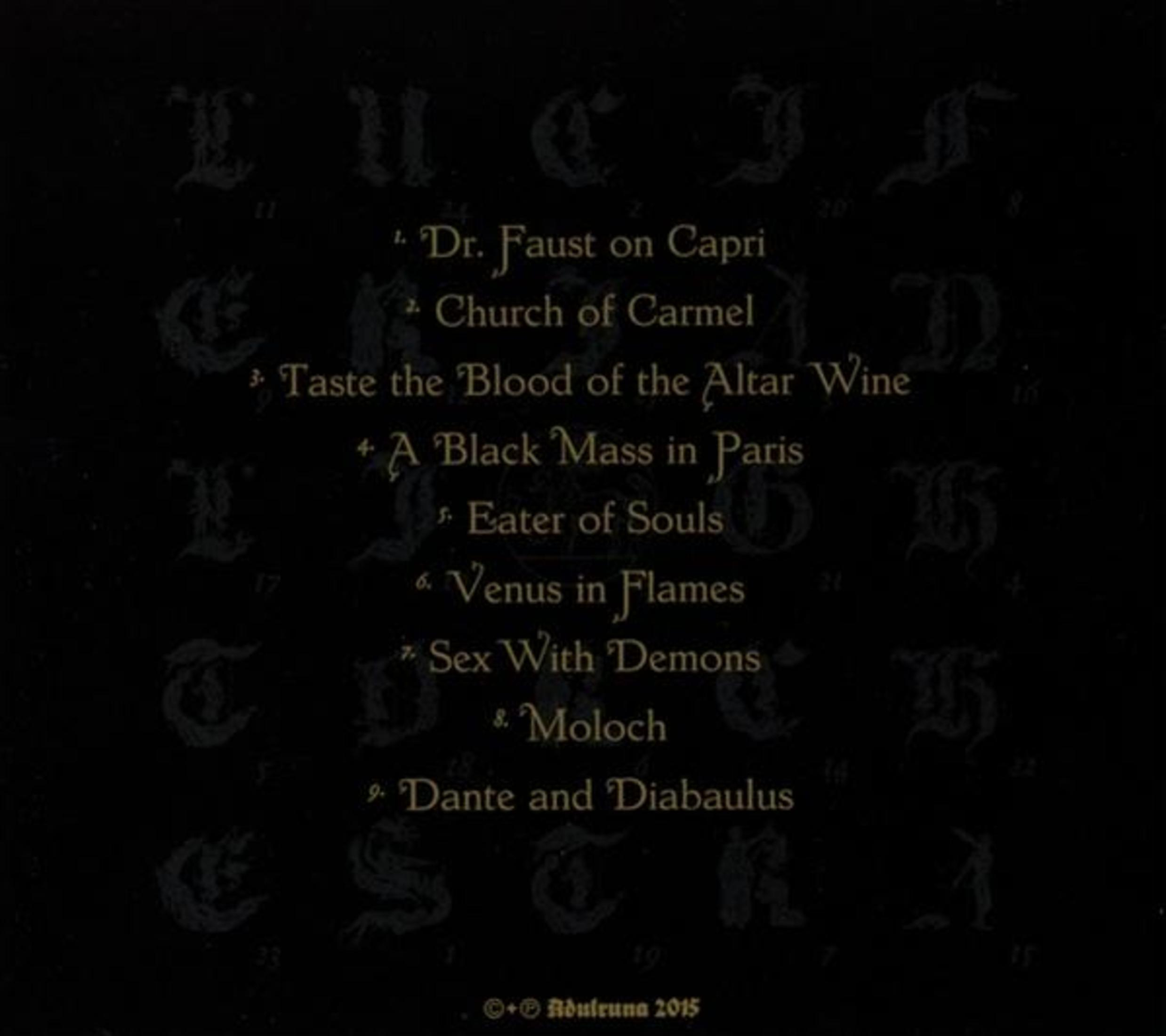 Zwarte albumhoes met gouden tekst met songtitels als "Dr. Faust" en "Sex With Demons".