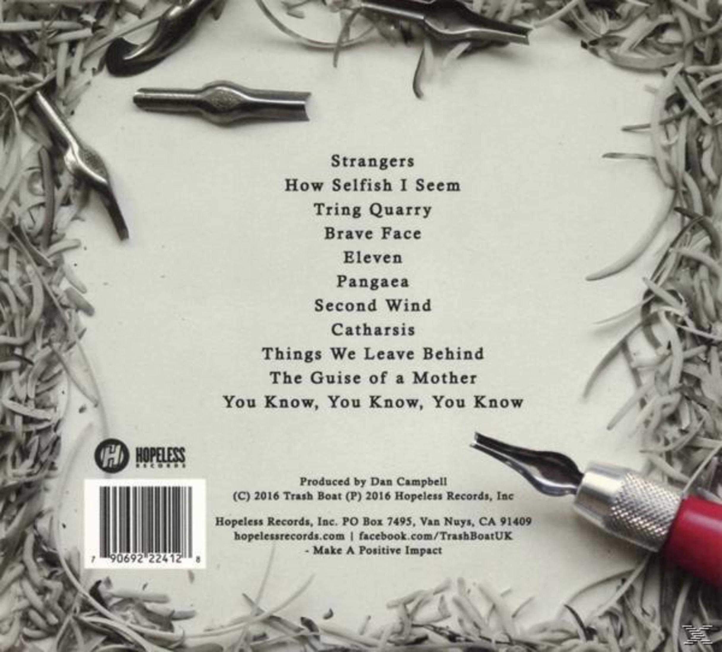 Albumhoes met tracklist, Hopeless Records-logo en pen. De achtergrond is versierd met beige, dunne stukjes.